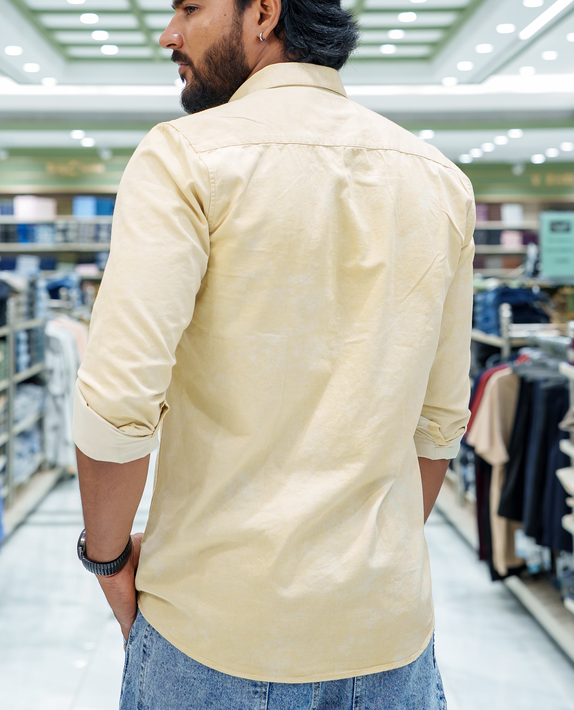 Cream Cotton Blended Casual Shirt, Bedecked with Acid-Washed and Typography Patch Embroidery on the Chest, Featuring a Spread Collar, Full Sleeves, Slim Fit, and Regular Length