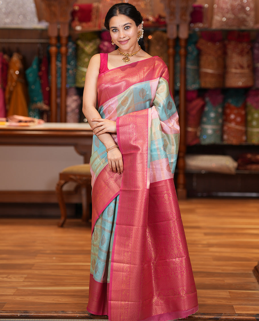 Multi-Color Zari Butta Enclosed Checks Litchi Saree, Graced with Contrast Traditional Border and Blouse