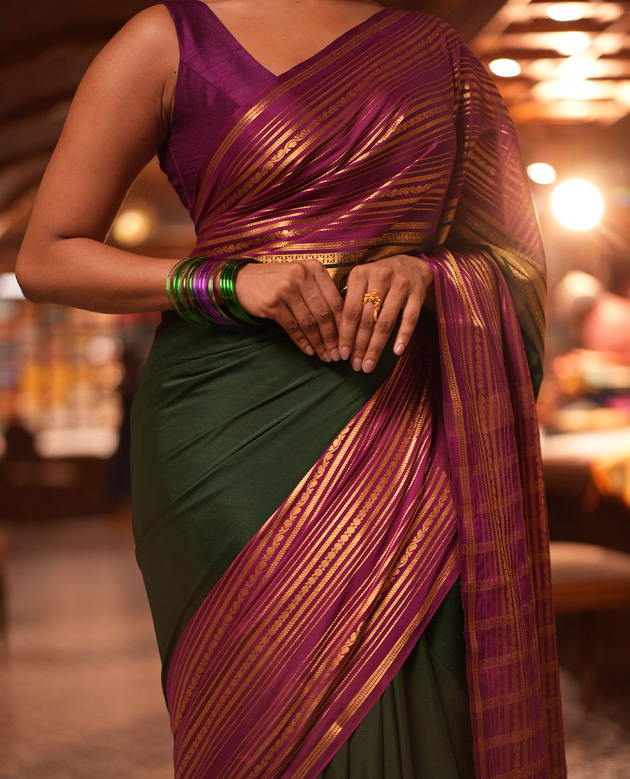 Bottle Green Semi-Mysore Silk Saree, a Contrast Big Traditional Zari Border, Striped Pallu, a Contrast Blouse