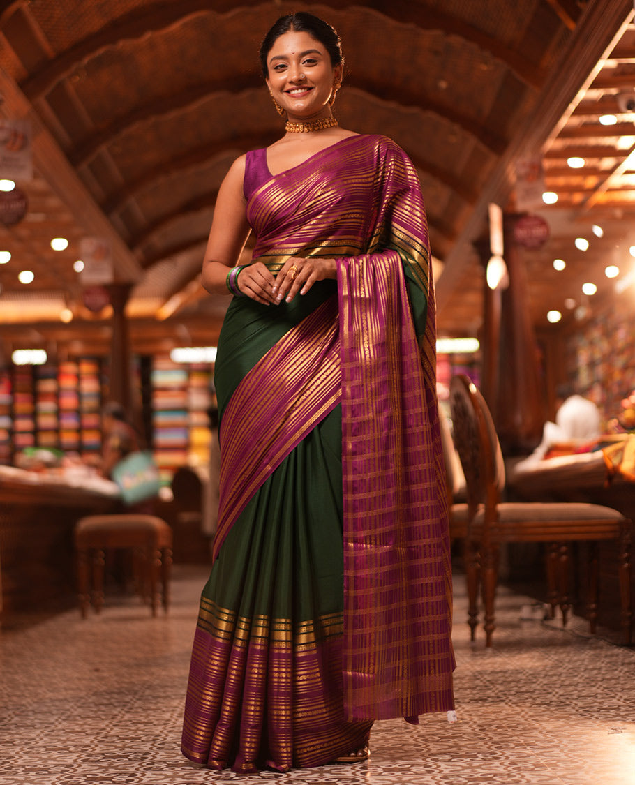 Bottle Green Semi-Mysore Silk Saree, a Contrast Big Traditional Zari Border, Striped Pallu, a Contrast Blouse