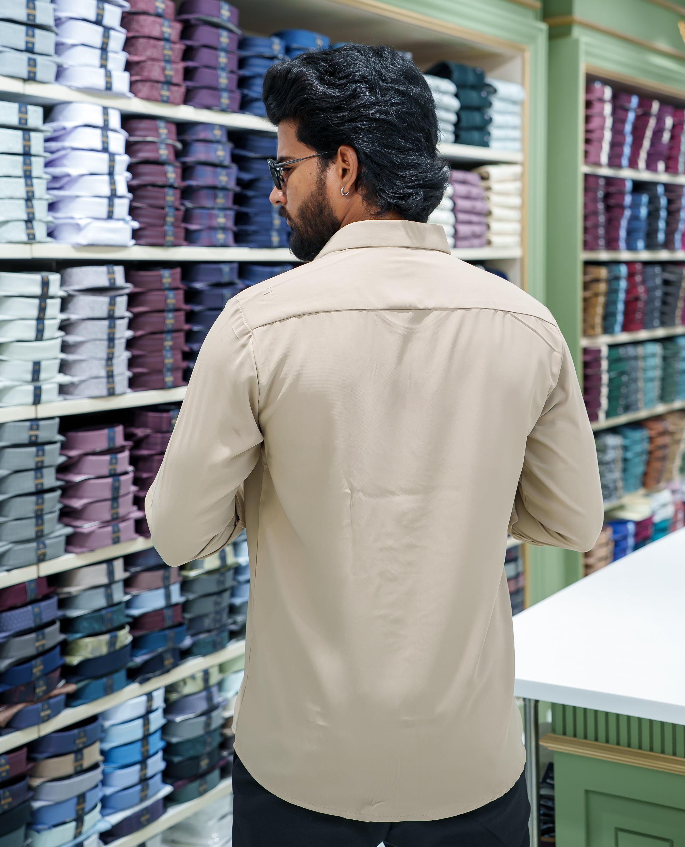 Cream Poly Blended Party Wear Shirt, Decorated with Tree-Motif Embroidery, Featuring a Spread Collar, Full Sleeves, Slim Fit, and Regular Length