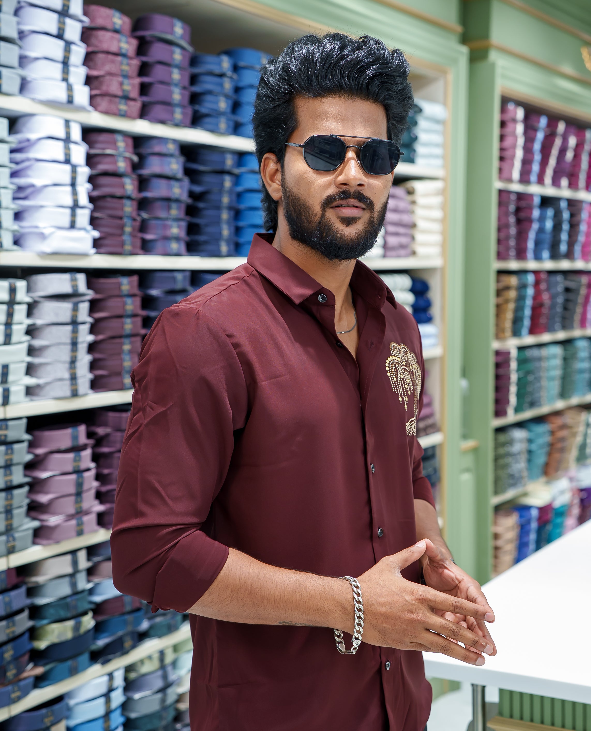 Maroon Poly Blended Party Wear Shirt, Decorated with Tree-Motif Embroidery, Featuring a Spread Collar, Full Sleeves, Slim Fit, and Regular Length