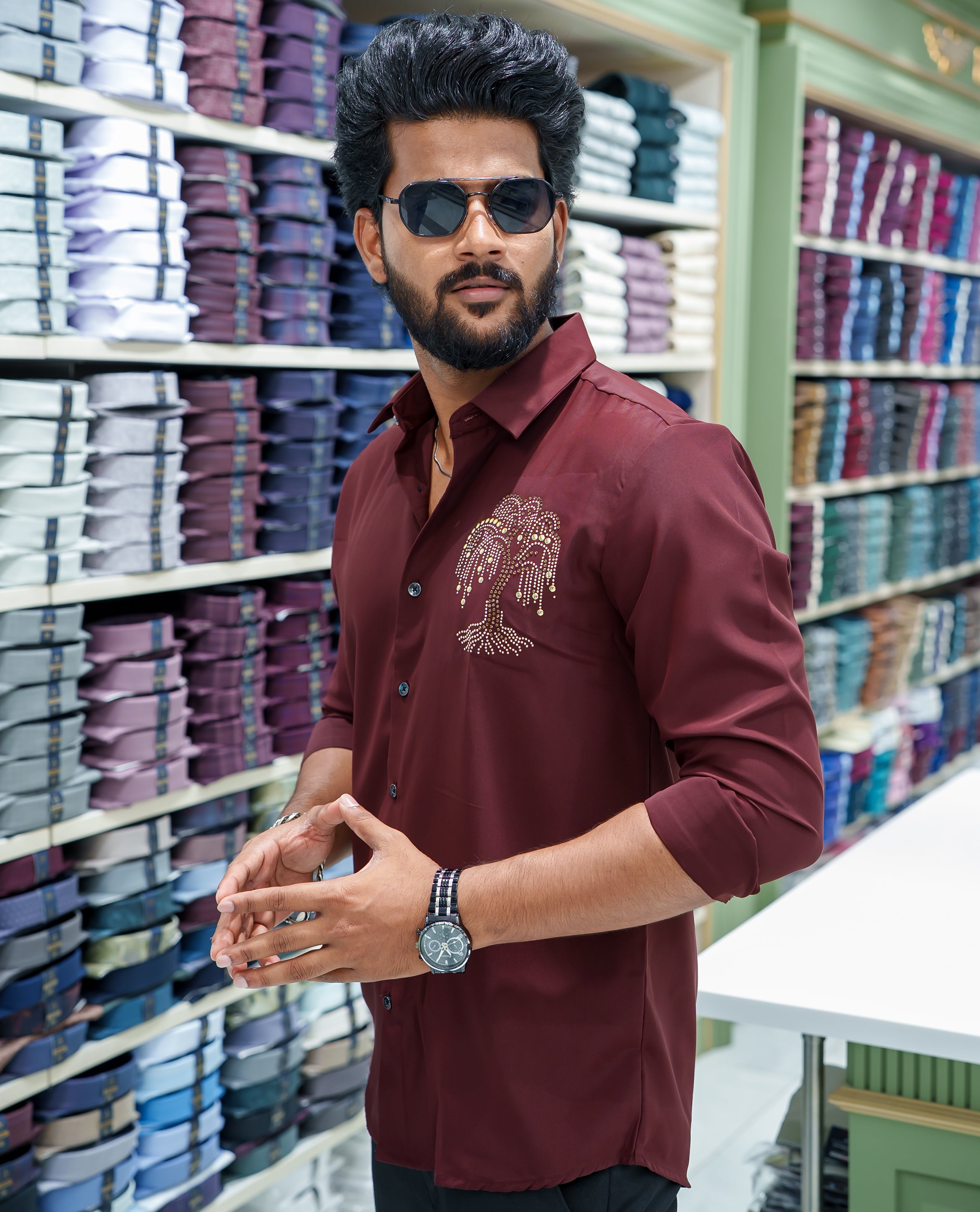 Maroon Poly Blended Party Wear Shirt, Decorated with Tree-Motif Embroidery, Featuring a Spread Collar, Full Sleeves, Slim Fit, and Regular Length