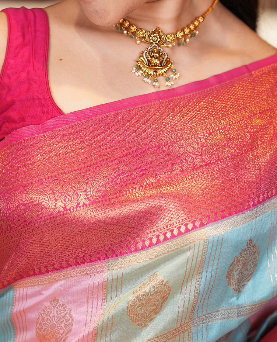 Multi-Color Zari Butta Enclosed Checks Litchi Saree, Graced with Contrast Traditional Border and Blouse