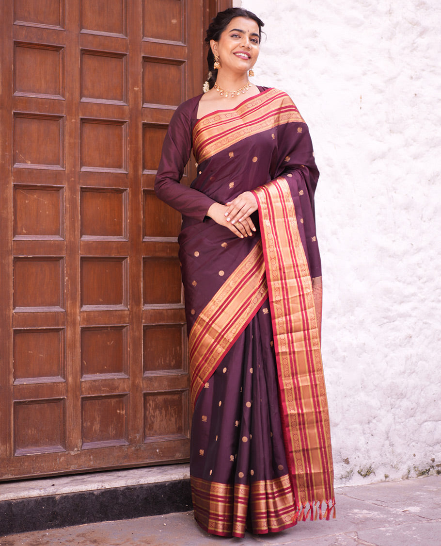 Coffee Brown Mayil-Chakra Vasundhara Lite Silk Mix Saree, Contrast Traditional Border, and Contrast Blouse