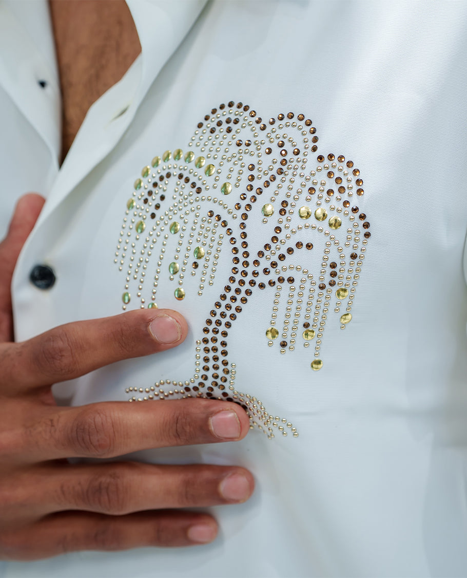 White Poly Blended Party Wear Shirt, Decorated with Tree-Motif Embroidery, Featuring a Spread Collar, Full Sleeves, Slim Fit, and Regular Length