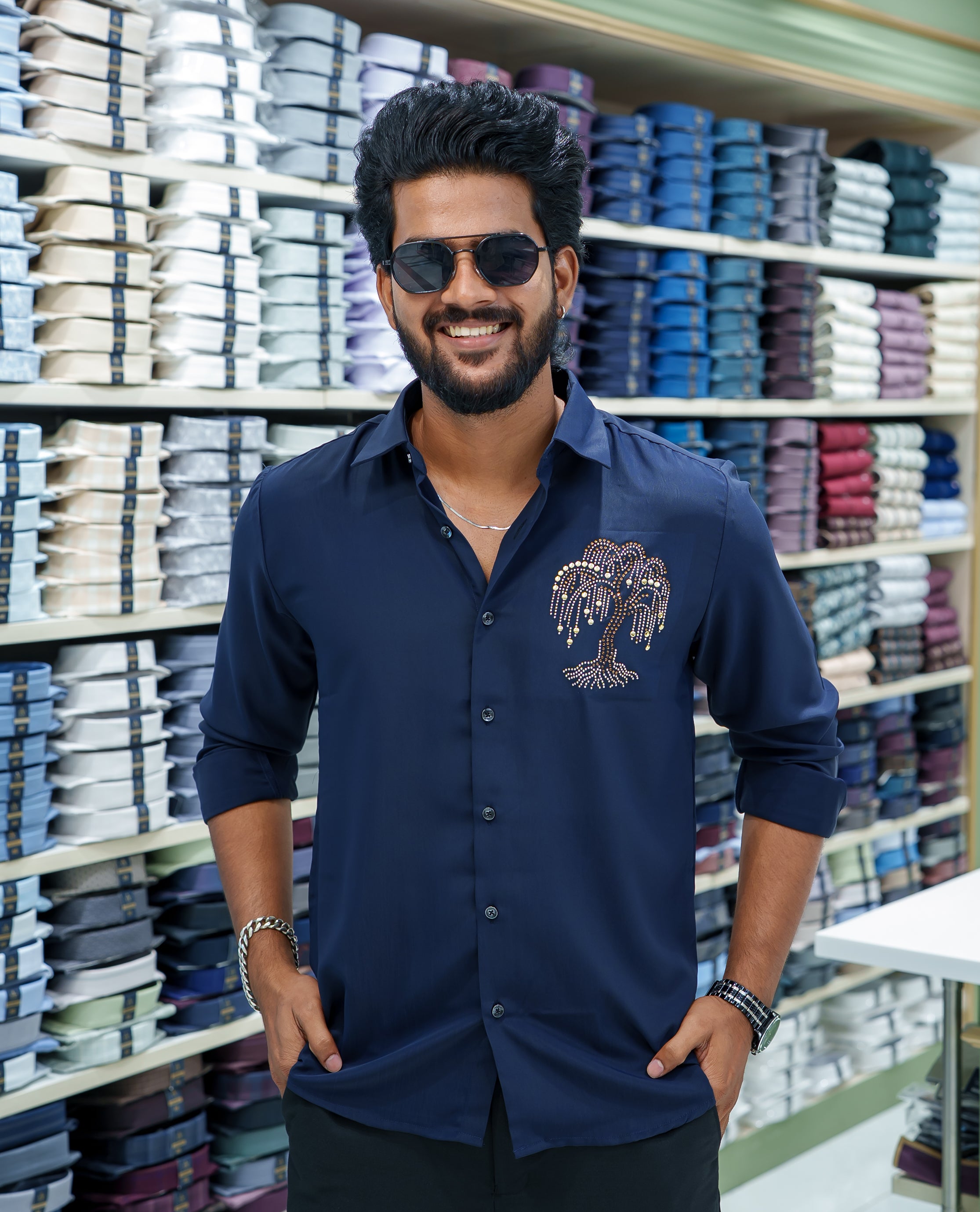 Navy Blue Poly Blended Party Wear Shirt, Embellished with Tree-Motif Embroidery, Featuring a Spread Collar, Full Sleeves, Slim Fit, and Regular Length