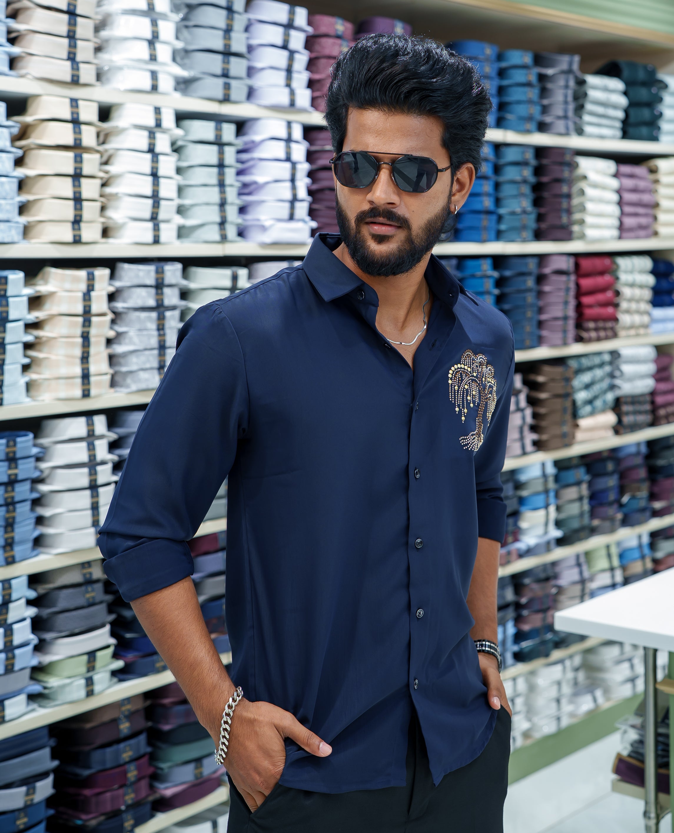 Navy Blue Poly Blended Party Wear Shirt, Embellished with Tree-Motif Embroidery, Featuring a Spread Collar, Full Sleeves, Slim Fit, and Regular Length