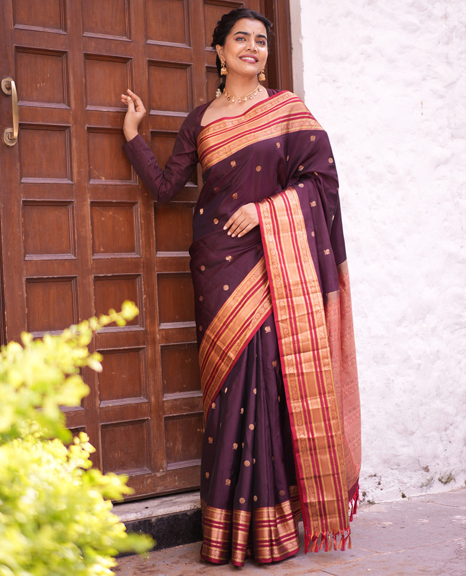 Coffee Brown Mayil-Chakra Vasundhara Lite Silk Mix Saree, Contrast Traditional Border, and Contrast Blouse