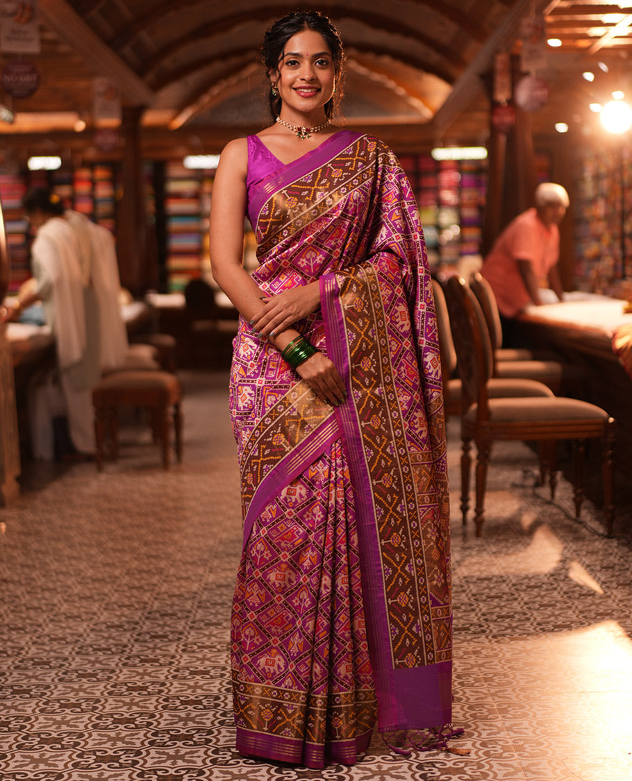 Purple Intricate Motif Semi-Patan Patola Saree, Patola Printed Tissue Border, and a Matching Blouse