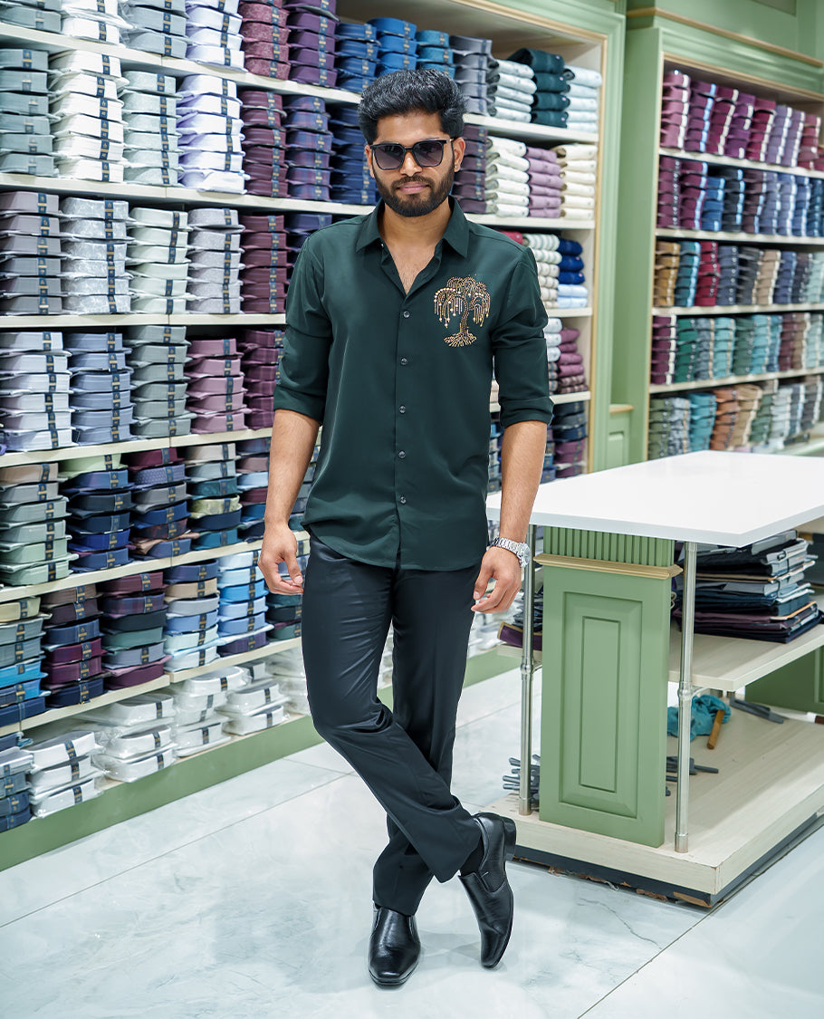 Dark Green Poly Blended Party Wear Shirt, Decorated with Tree-Motif Embroidery, Featuring a Spread Collar, Full Sleeves, Slim Fit, and Regular Length