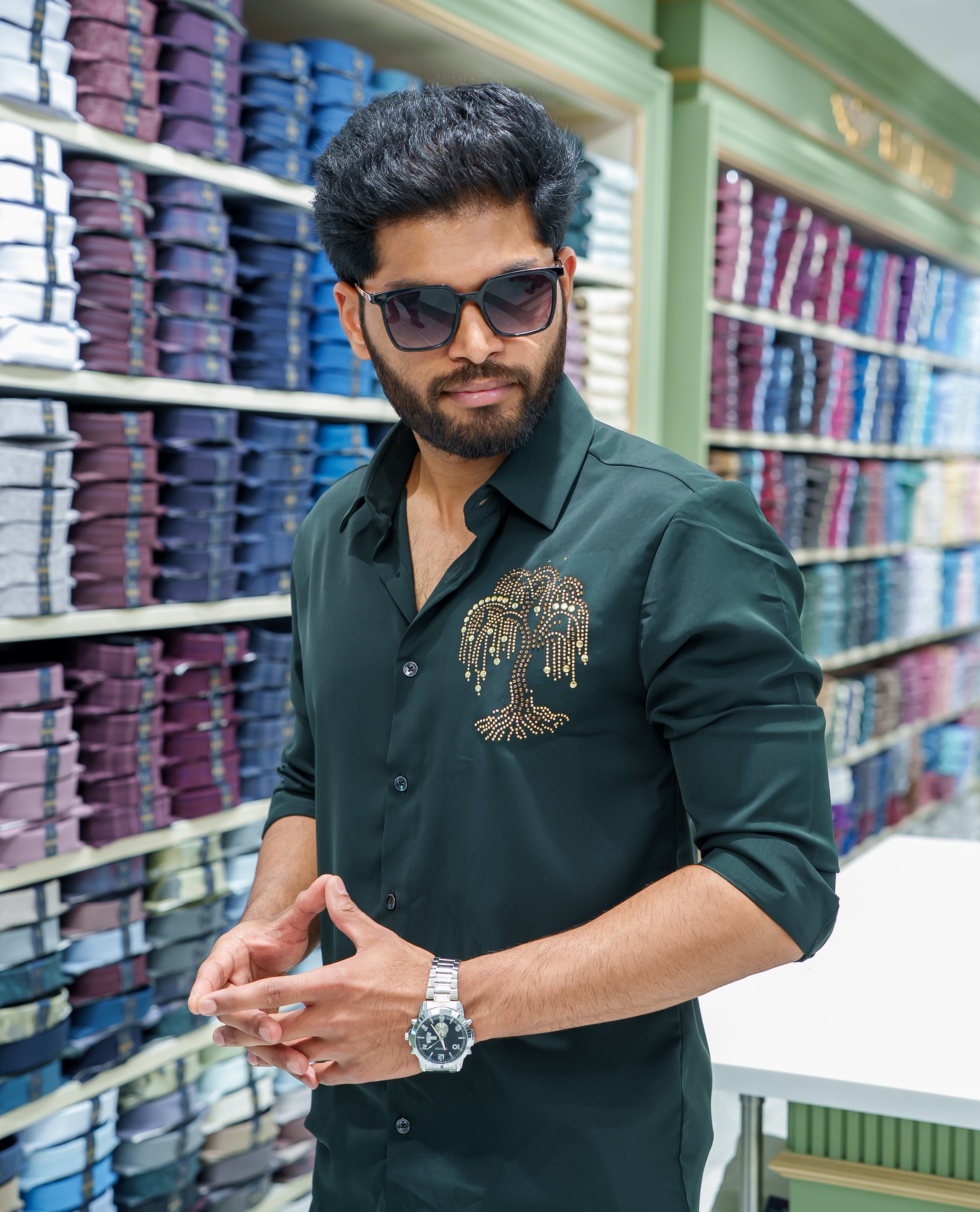 Dark Green Poly Blended Party Wear Shirt, Decorated with Tree-Motif Embroidery, Featuring a Spread Collar, Full Sleeves, Slim Fit, and Regular Length