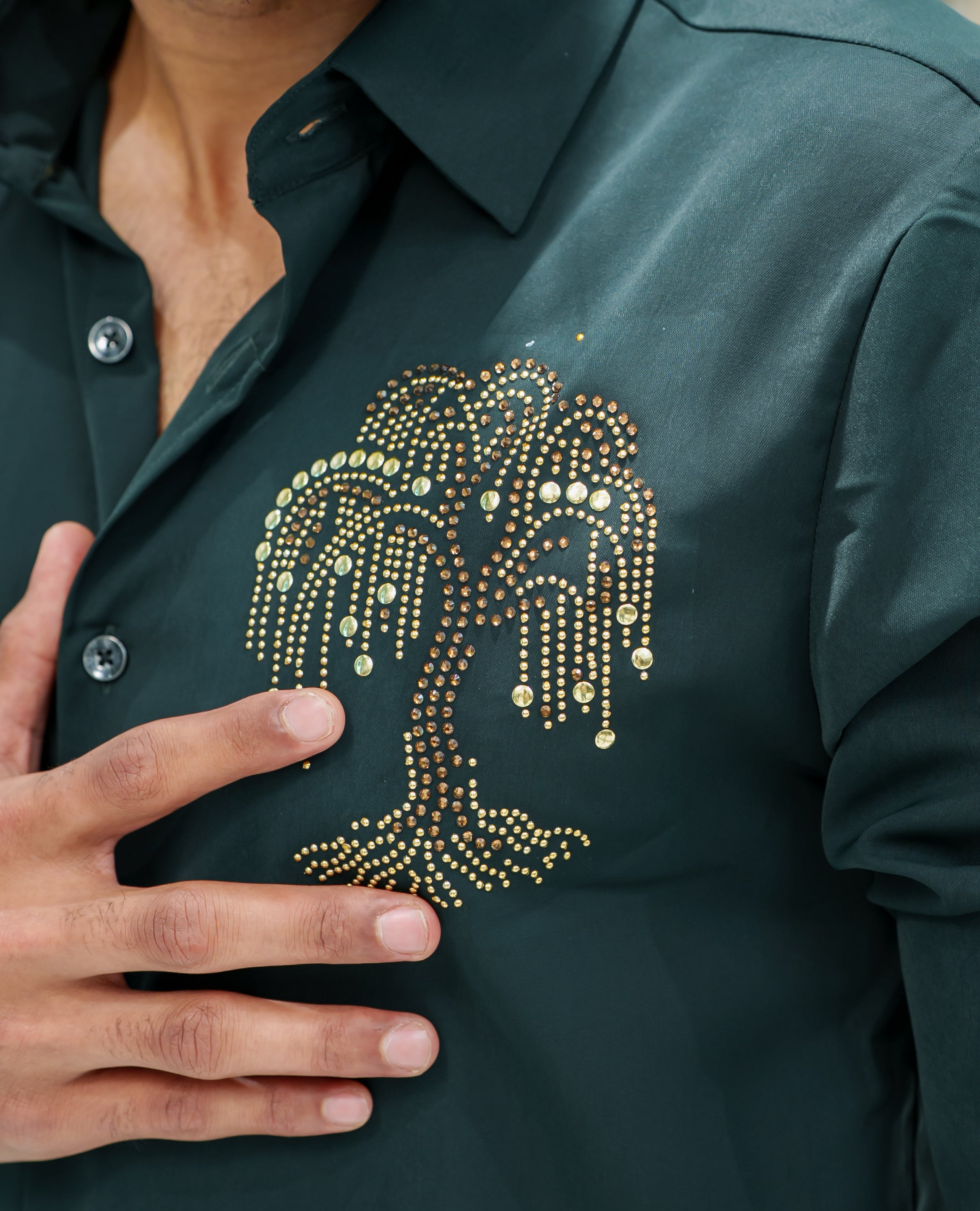 Dark Green Poly Blended Party Wear Shirt, Decorated with Tree-Motif Embroidery, Featuring a Spread Collar, Full Sleeves, Slim Fit, and Regular Length
