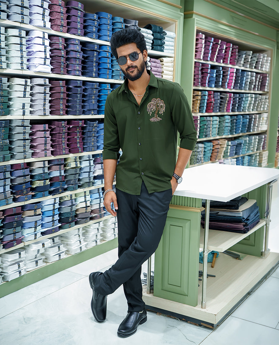 Light Green Poly Blended Party Wear Shirt, Decorated with Tree-Motif Embroidery, Featuring a Spread Collar, Full Sleeves, Slim Fit, and Regular Length
