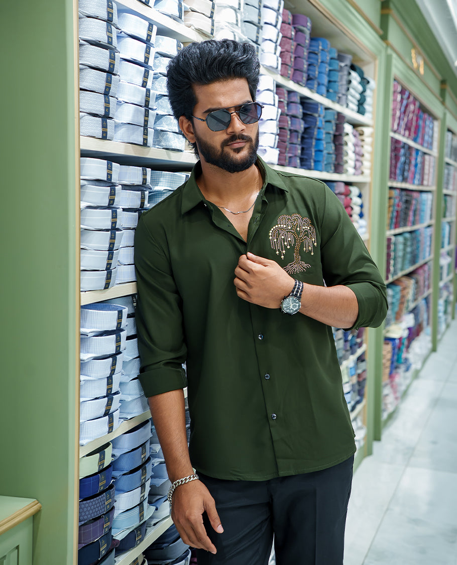 Light Green Poly Blended Party Wear Shirt, Decorated with Tree-Motif Embroidery, Featuring a Spread Collar, Full Sleeves, Slim Fit, and Regular Length