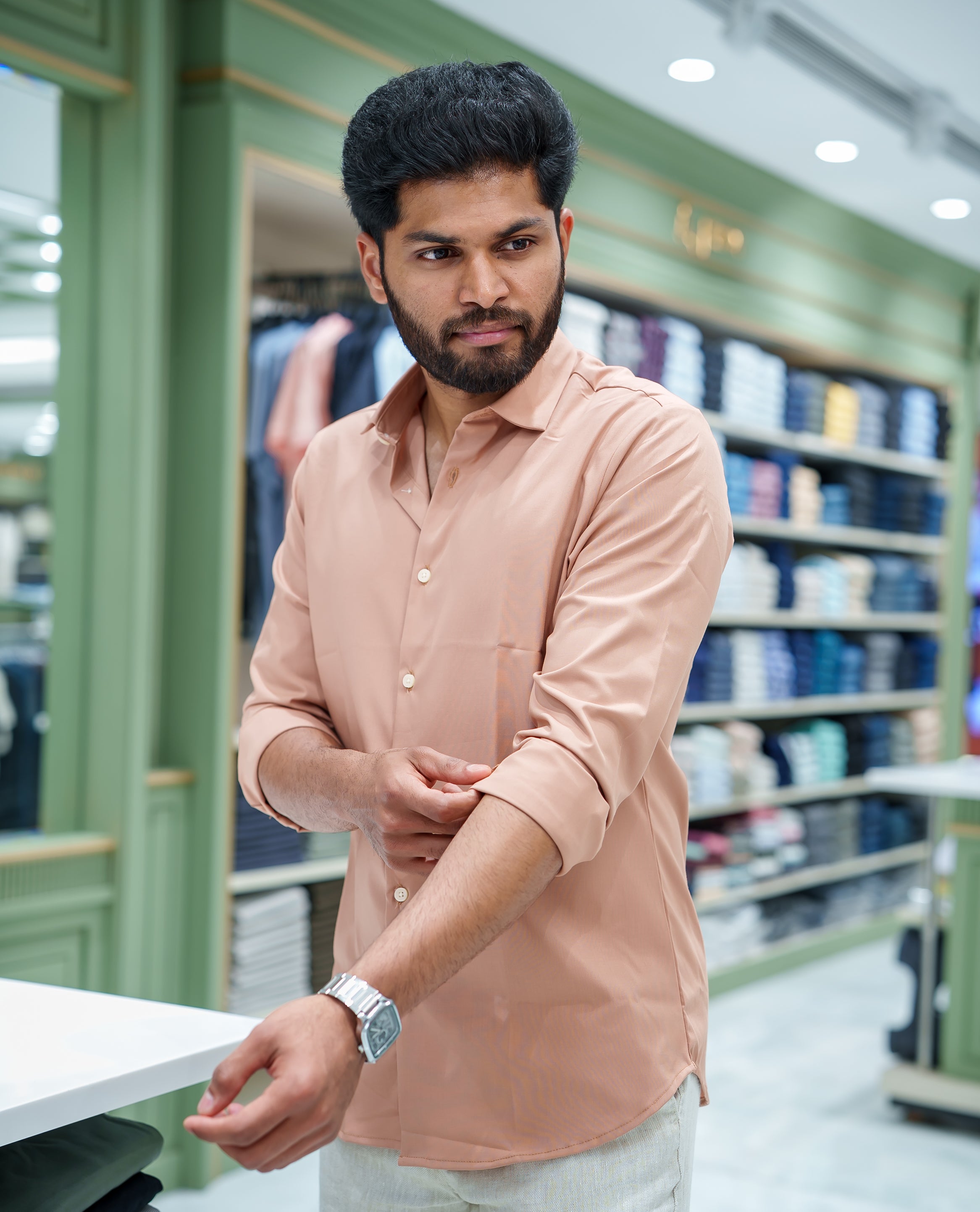 Light Brown Plain Cotton Blended Casual Liquid Shirt, Featuring a Spread Collar, Full Sleeves, Slim Fit, and Regular Length