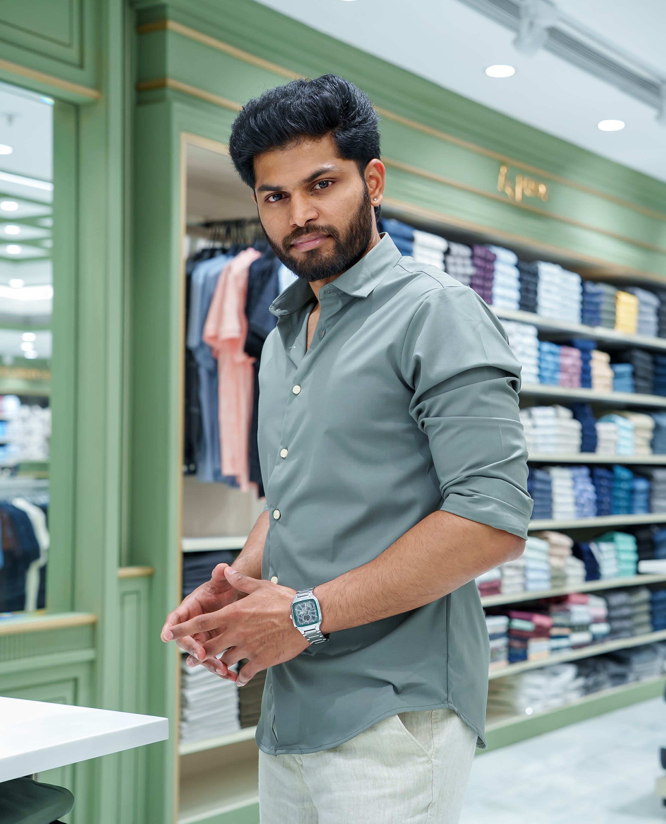 Light Green Plain Cotton Blended Casual Liquid Shirt, Featuring a Spread Collar, Full Sleeves, Slim Fit, and Regular Length