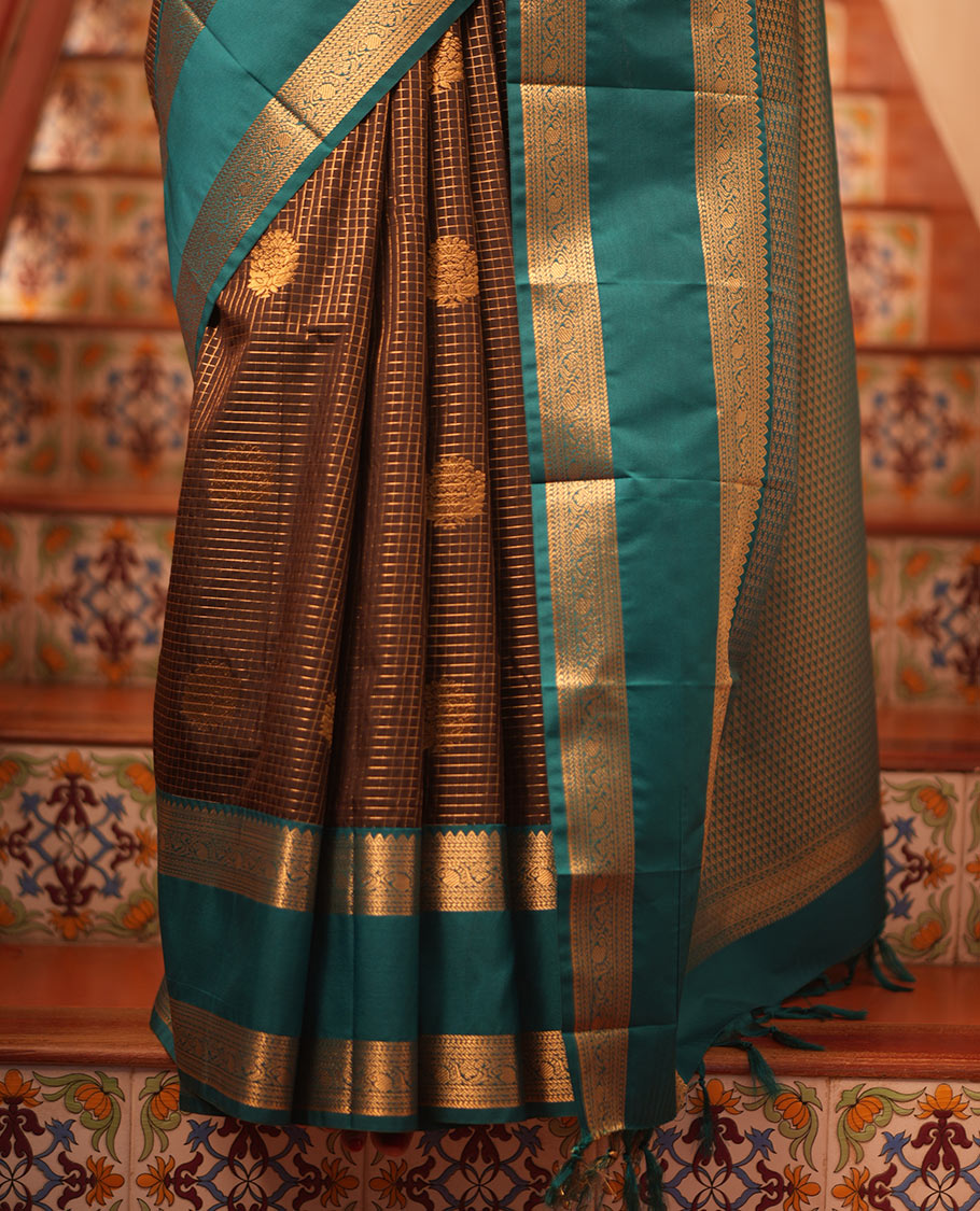 Coffee Brown-Rama Green Zari Design Budget Silk Saree,Contrast Rettai Pettu Zari Border,Jaal Pallu,Contrast Blouse