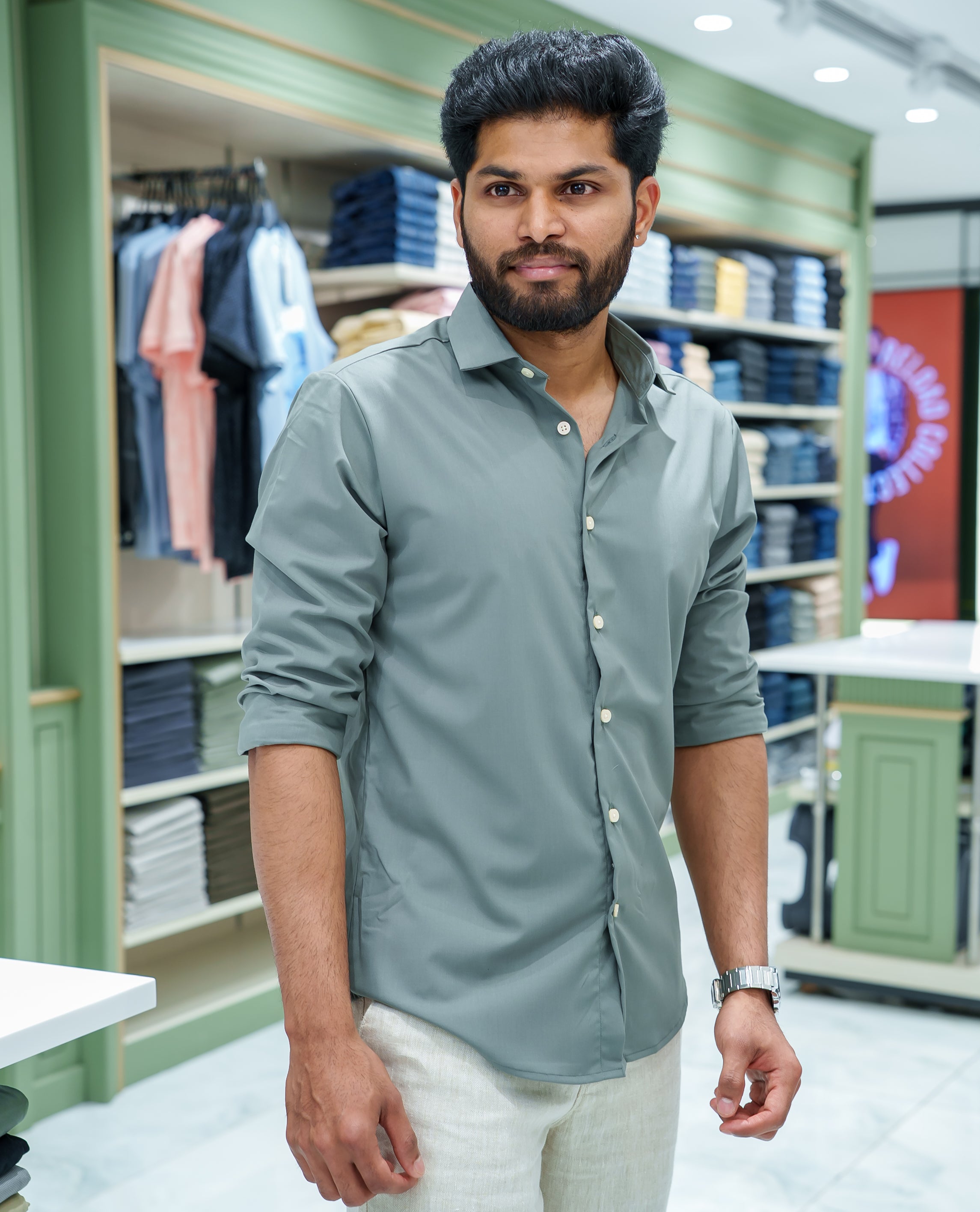 Light Green Plain Cotton Blended Casual Liquid Shirt, Featuring a Spread Collar, Full Sleeves, Slim Fit, and Regular Length