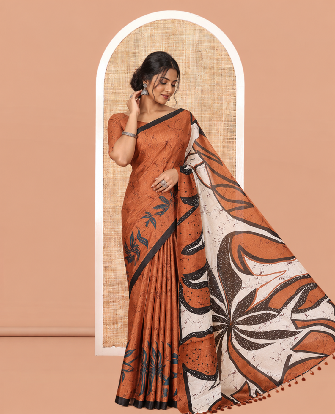Brown Batik-Style Floral Printed Art Khadi Cotton Saree, a Contrast Border, and a Matching Blouse