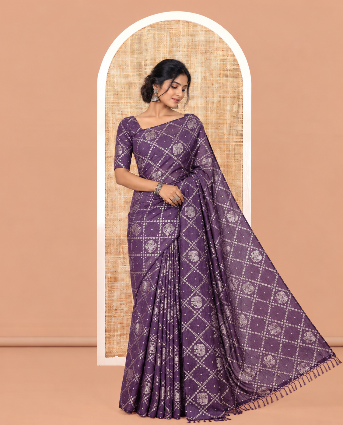Borderless Violet Vichitra Silk Saree Features Elephant Butta Enclosed Jaal Design, a Self-Pallu, and No Blouse