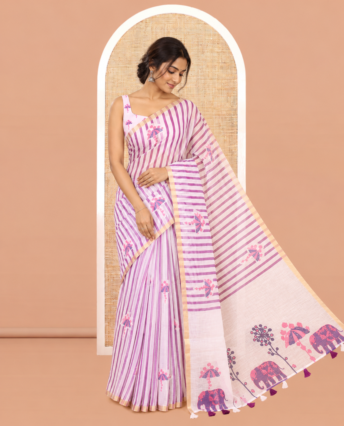 Borderless White-Violet Linen Cotton Saree, Adorned with Vertical Stripes, an Umbrella Print, and a Matching Blouse