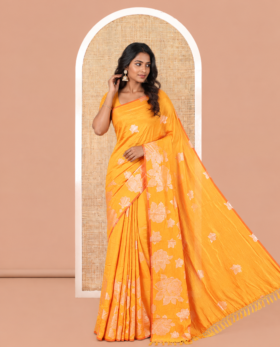 Borderless Yellow Rose Floral Printed Vichitra Silk Saree, Self-Pallu of Floral Designs, and No Blouse