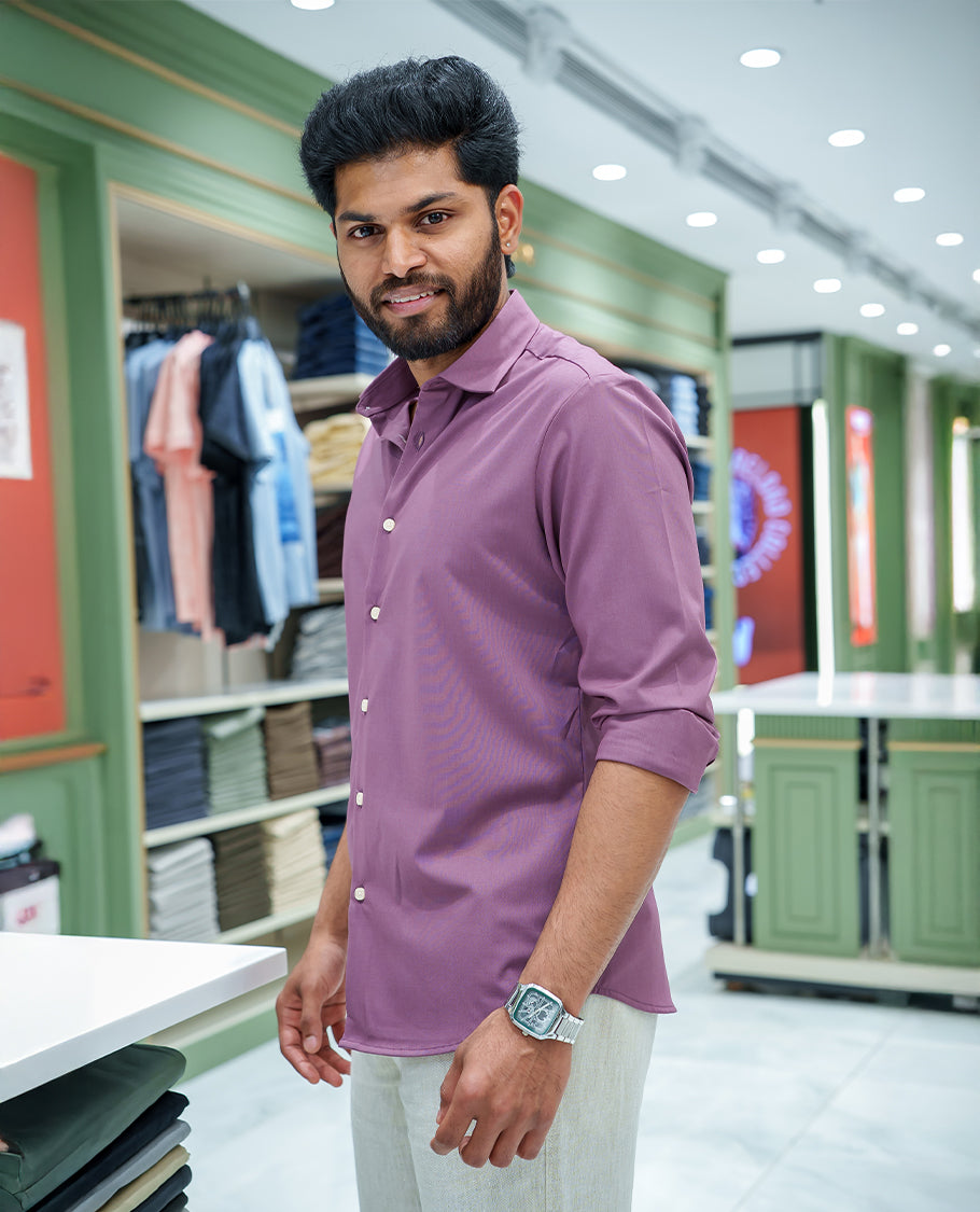 Mauve Plain Cotton Blended Casual Liquid Shirt, Featuring a Spread Collar, Full Sleeves, Slim Fit, and Regular Length