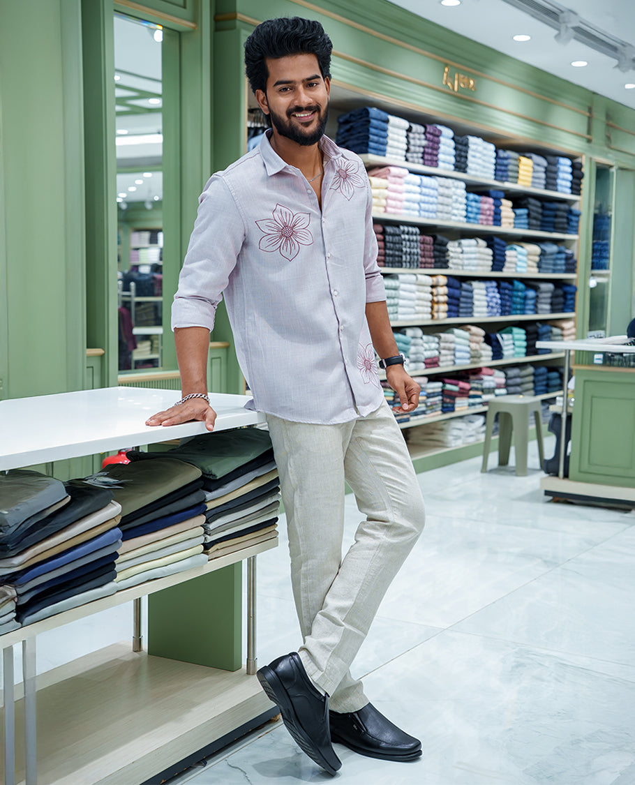 Grey Linen Blended Casual Shirt, Adorned with Heathered Base and Floral Thread Embroidery, Featuring a Spread Collar, Full-Sleeves, Slim Fit, and Regular Length