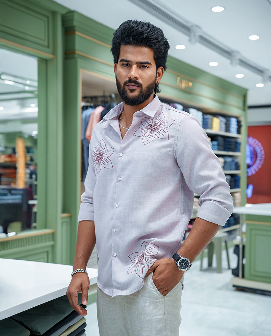 Grey Linen Blended Casual Shirt, Adorned with Heathered Base and Floral Thread Embroidery, Featuring a Spread Collar, Full-Sleeves, Slim Fit, and Regular Length