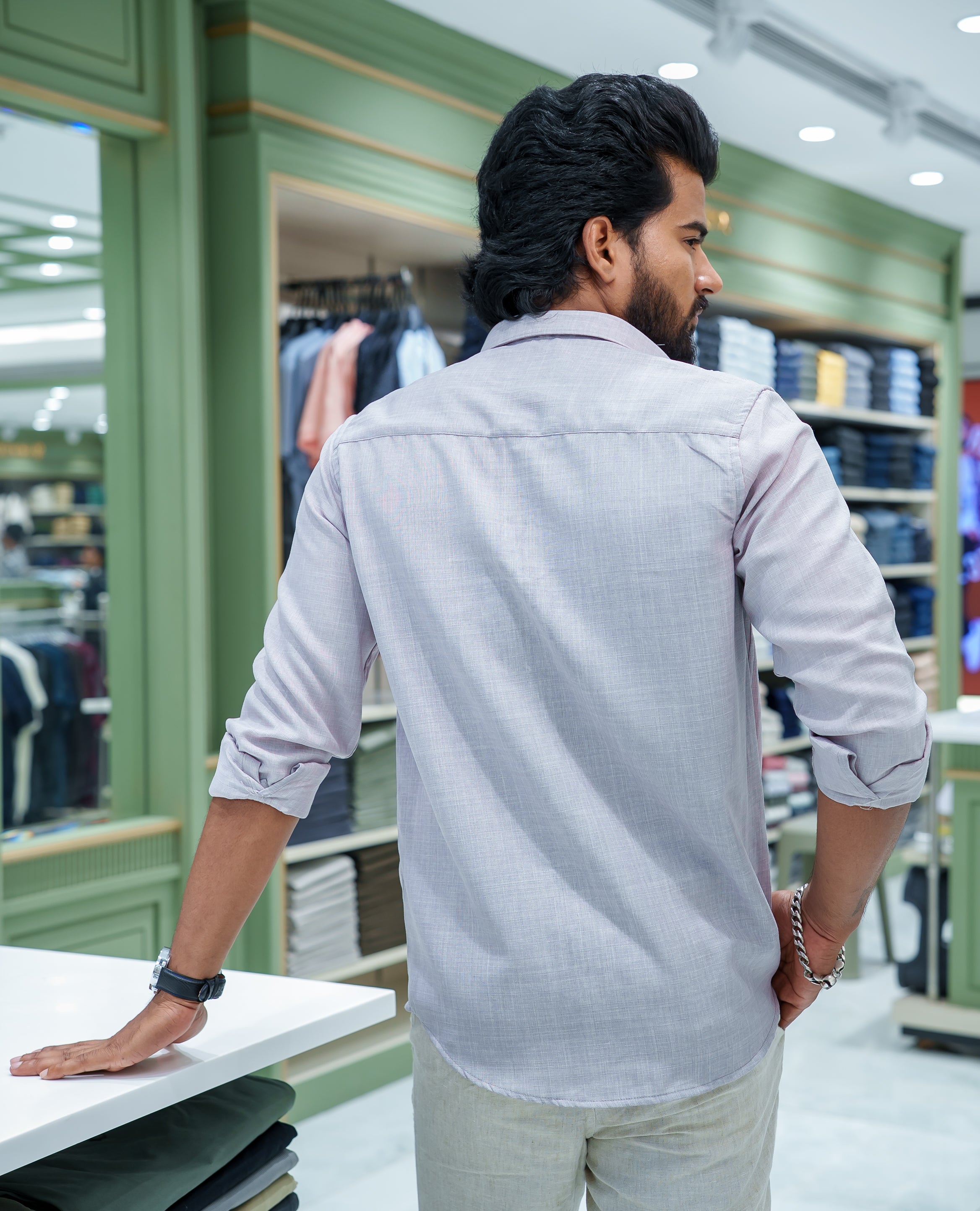 Grey Linen Blended Casual Shirt, Adorned with Heathered Base and Floral Thread Embroidery, Featuring a Spread Collar, Full-Sleeves, Slim Fit, and Regular Length