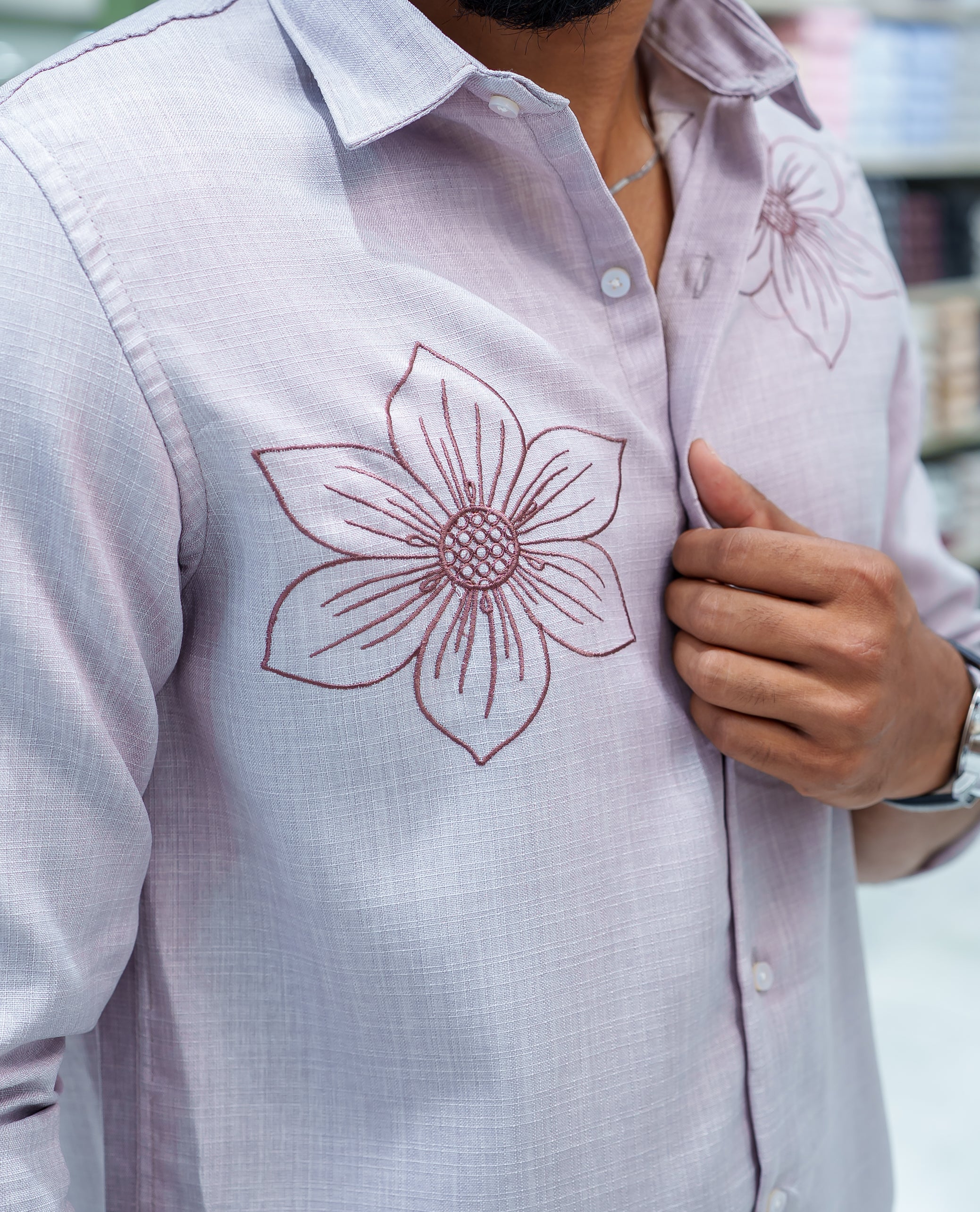 Grey Linen Blended Casual Shirt, Adorned with Heathered Base and Floral Thread Embroidery, Featuring a Spread Collar, Full-Sleeves, Slim Fit, and Regular Length