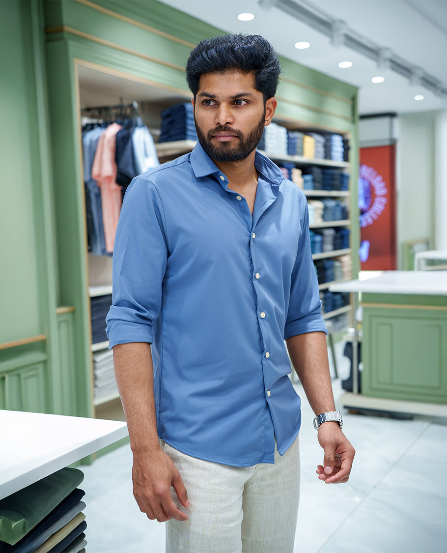 Blue-Grey Plain Cotton Blended Casual Liquid Shirt, Featuring a Spread Collar, Full Sleeves, Slim Fit, and Regular Length