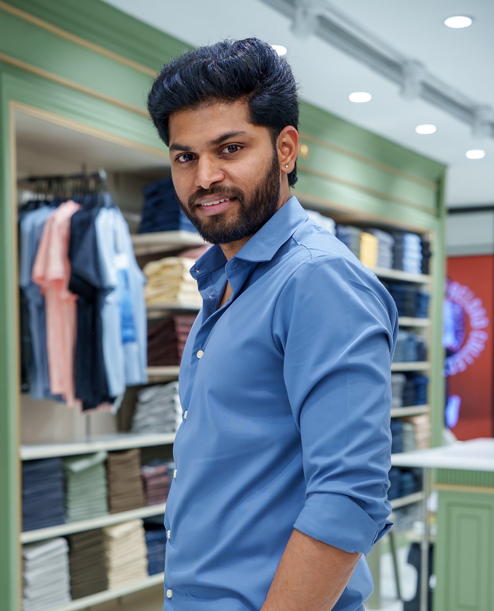 Blue-Grey Plain Cotton Blended Casual Liquid Shirt, Featuring a Spread Collar, Full Sleeves, Slim Fit, and Regular Length