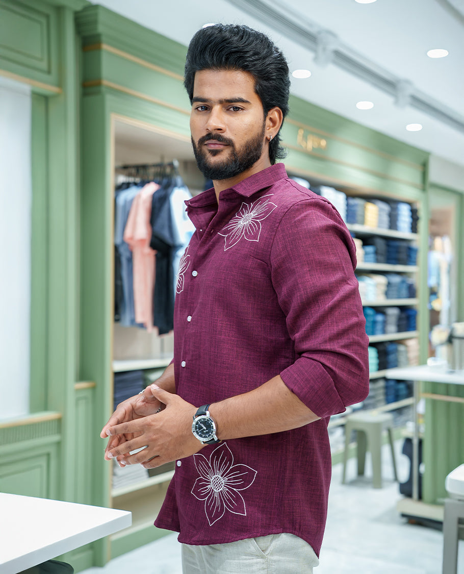 Maroon Linen Blended Casual Shirt, Subtly Sparkled with Heathered Base and Floral Thread Embroidery, Featuring a Spread Collar, Full-Sleeves, Slim Fit, and Regular Length
