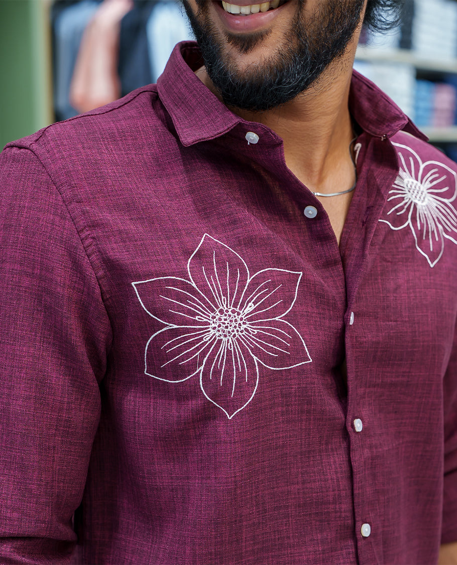 Maroon Linen Blended Casual Shirt, Subtly Sparkled with Heathered Base and Floral Thread Embroidery, Featuring a Spread Collar, Full-Sleeves, Slim Fit, and Regular Length