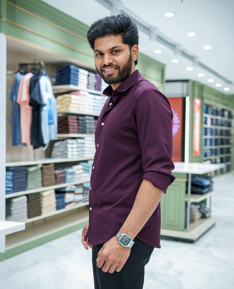 Burgundy Plain Cotton Blended Casual Liquid Shirt, Featuring a Spread Collar, Full Sleeves, Slim Fit, and Regular Length
