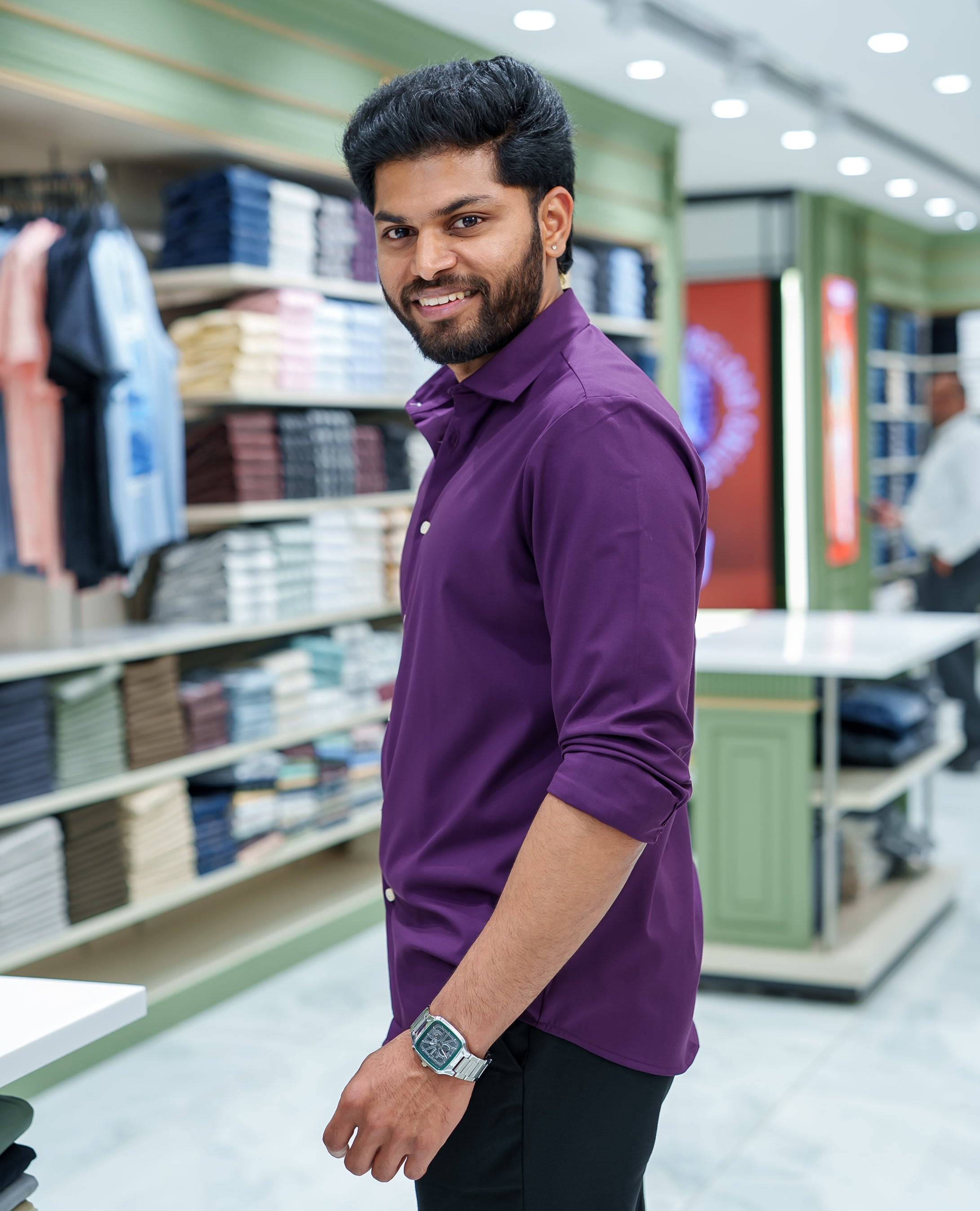 Purple Plain Cotton Blended Casual Liquid Shirt, Featuring a Spread Collar, Full Sleeves, Slim Fit, and Regular Length