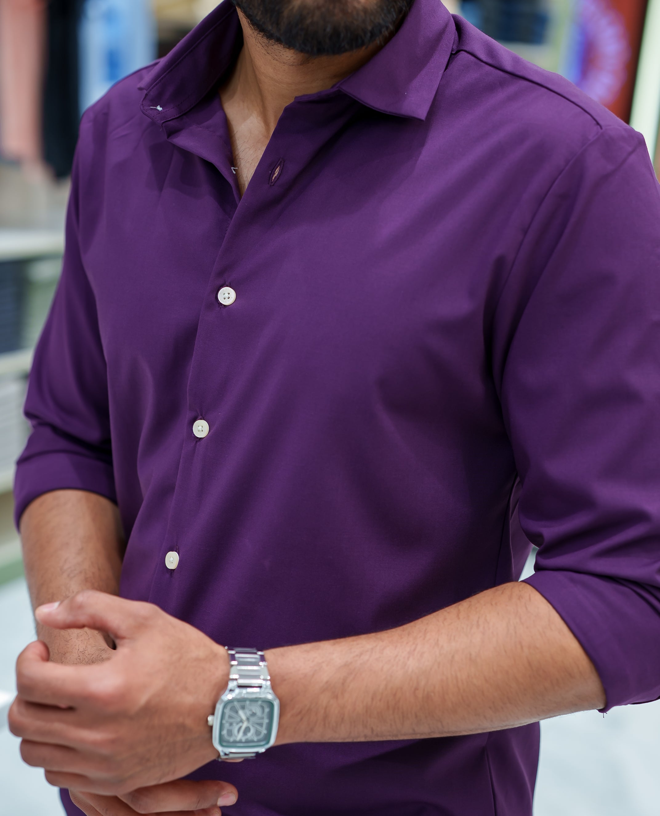 Purple Plain Cotton Blended Casual Liquid Shirt, Featuring a Spread Collar, Full Sleeves, Slim Fit, and Regular Length