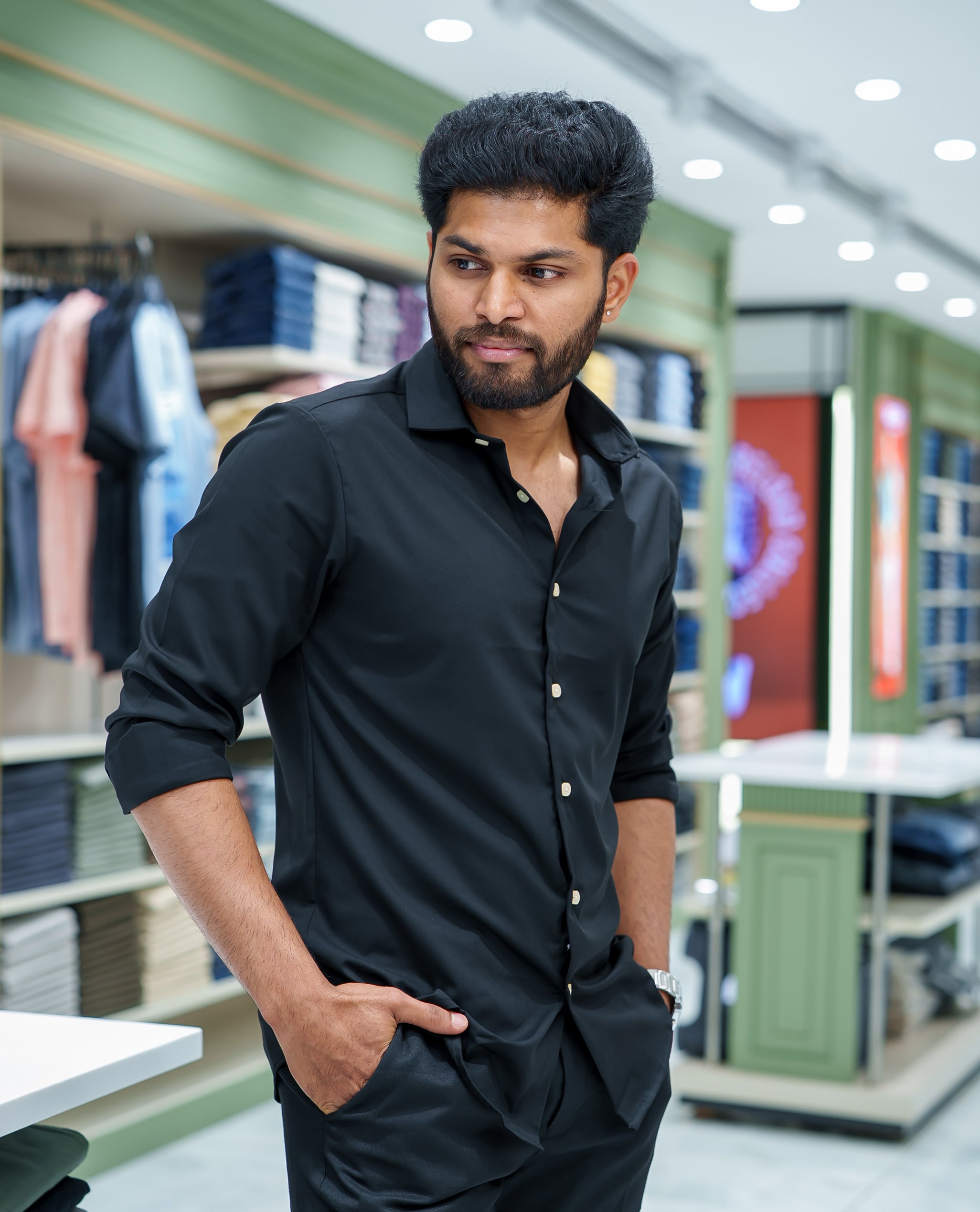 Black Plain Cotton Blended Casual Liquid Shirt, Featuring a Spread Collar, Full Sleeves, Slim Fit, and Regular Length