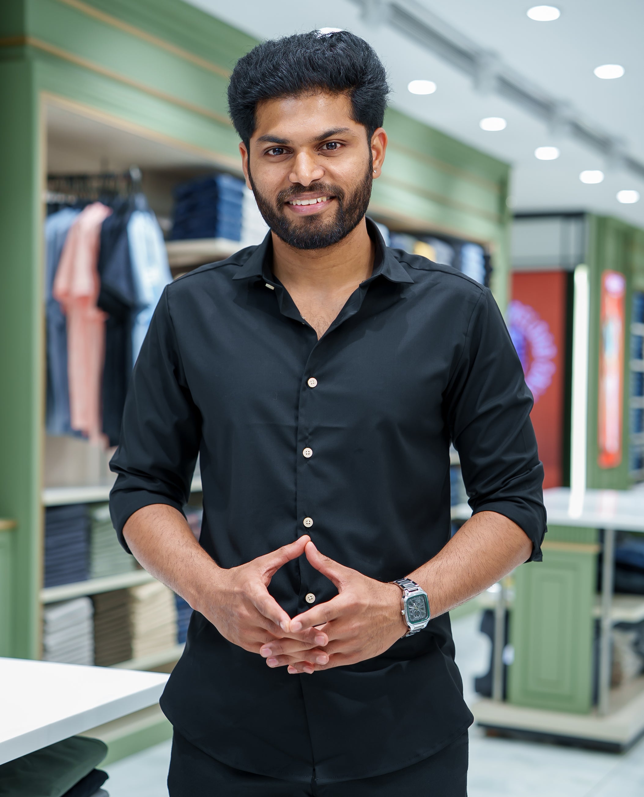 Black Plain Cotton Blended Casual Liquid Shirt, Featuring a Spread Collar, Full Sleeves, Slim Fit, and Regular Length