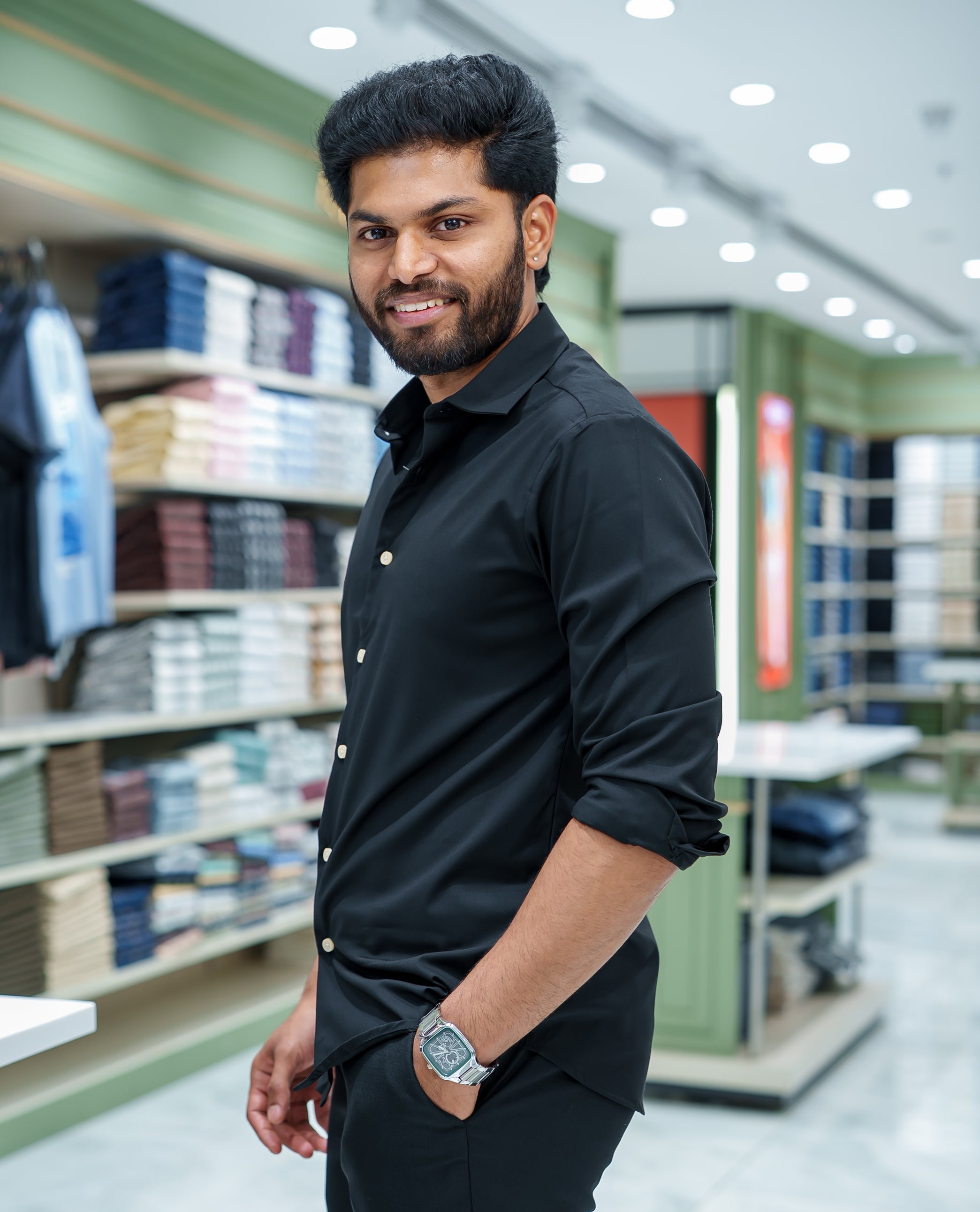 Black Plain Cotton Blended Casual Liquid Shirt, Featuring a Spread Collar, Full Sleeves, Slim Fit, and Regular Length