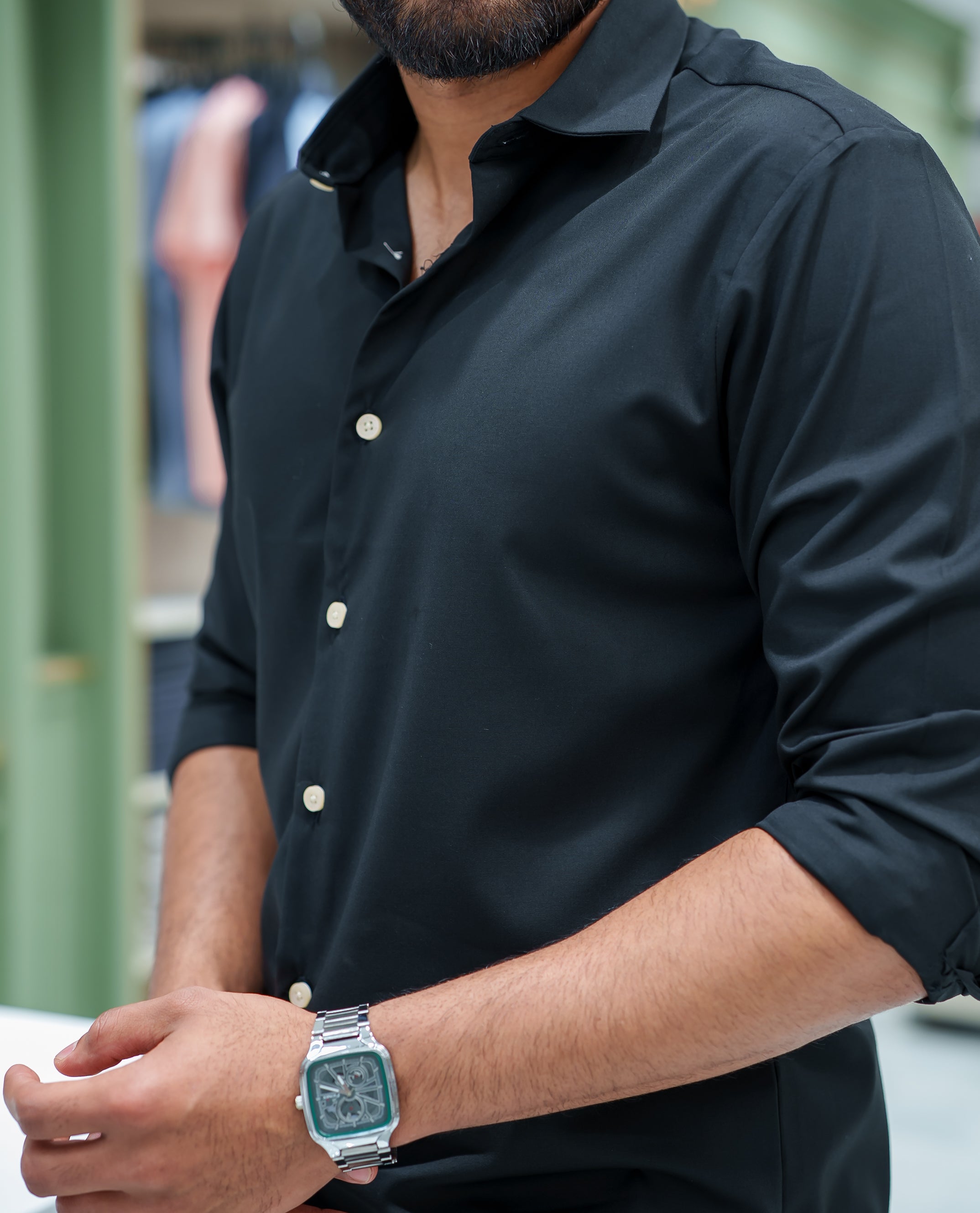 Black Plain Cotton Blended Casual Liquid Shirt, Featuring a Spread Collar, Full Sleeves, Slim Fit, and Regular Length