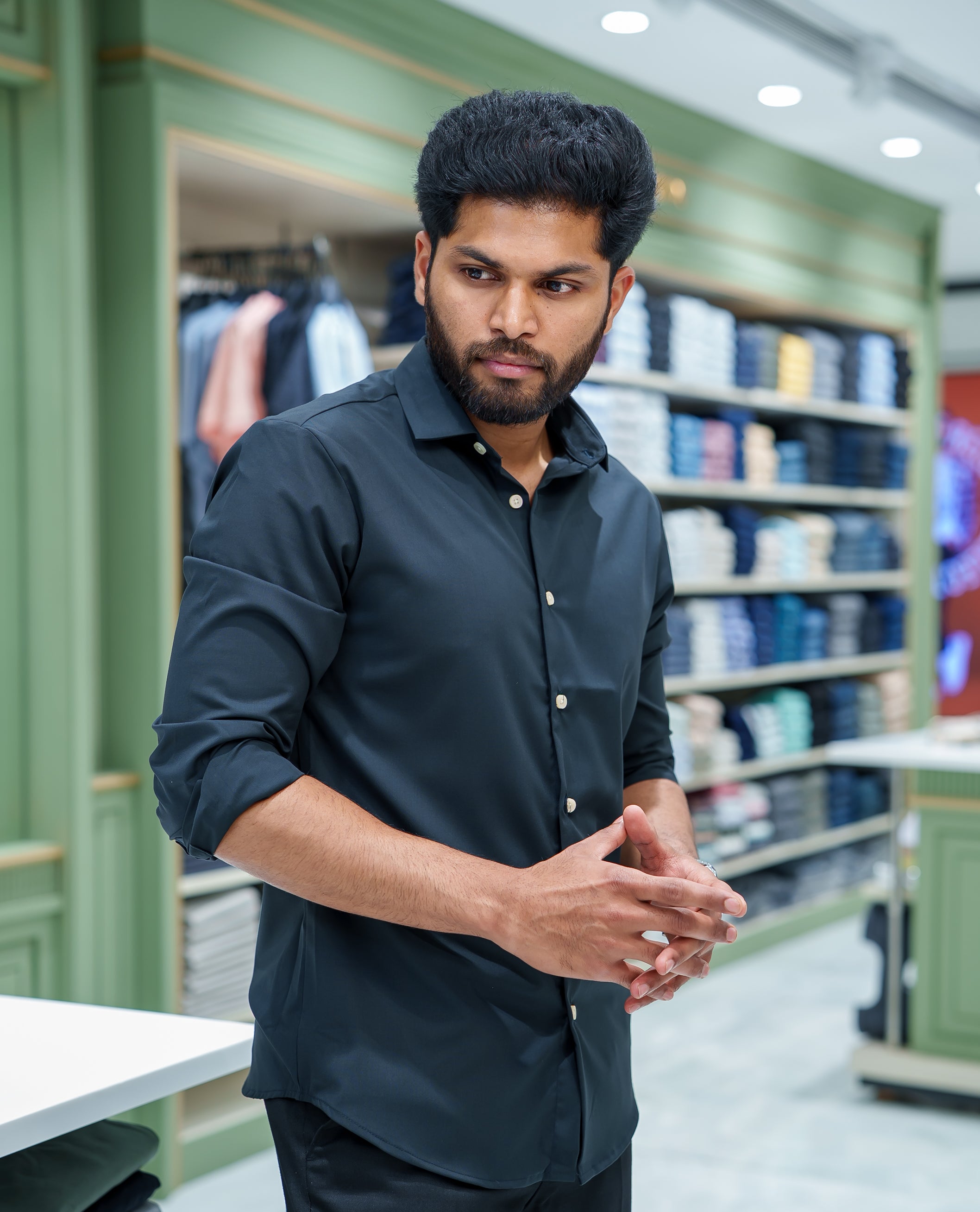 Dark Green Plain Cotton Blended Casual Liquid Shirt, Featuring a Spread Collar, Full Sleeves, Slim Fit, and Regular Length