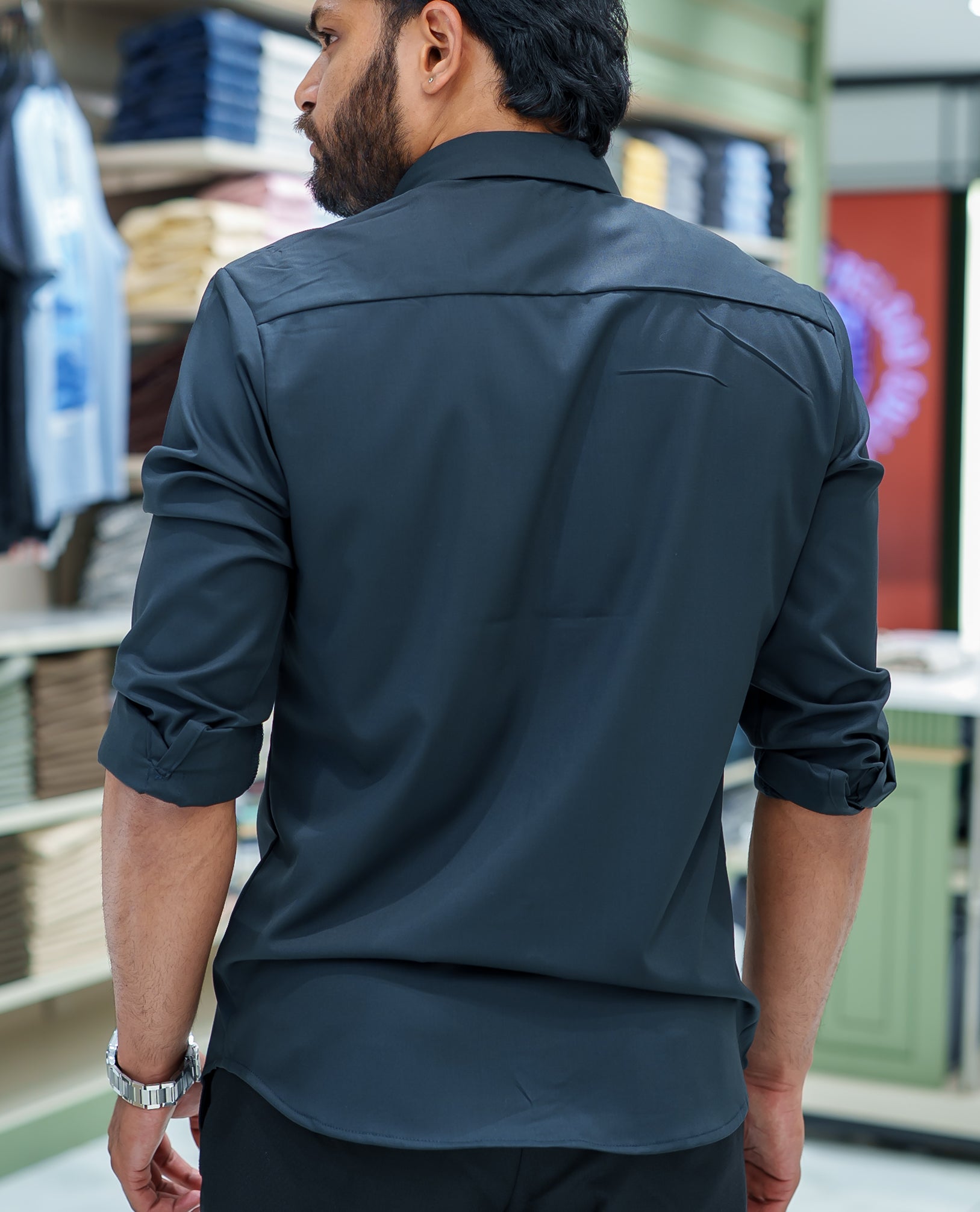 Dark Green Plain Cotton Blended Casual Liquid Shirt, Featuring a Spread Collar, Full Sleeves, Slim Fit, and Regular Length