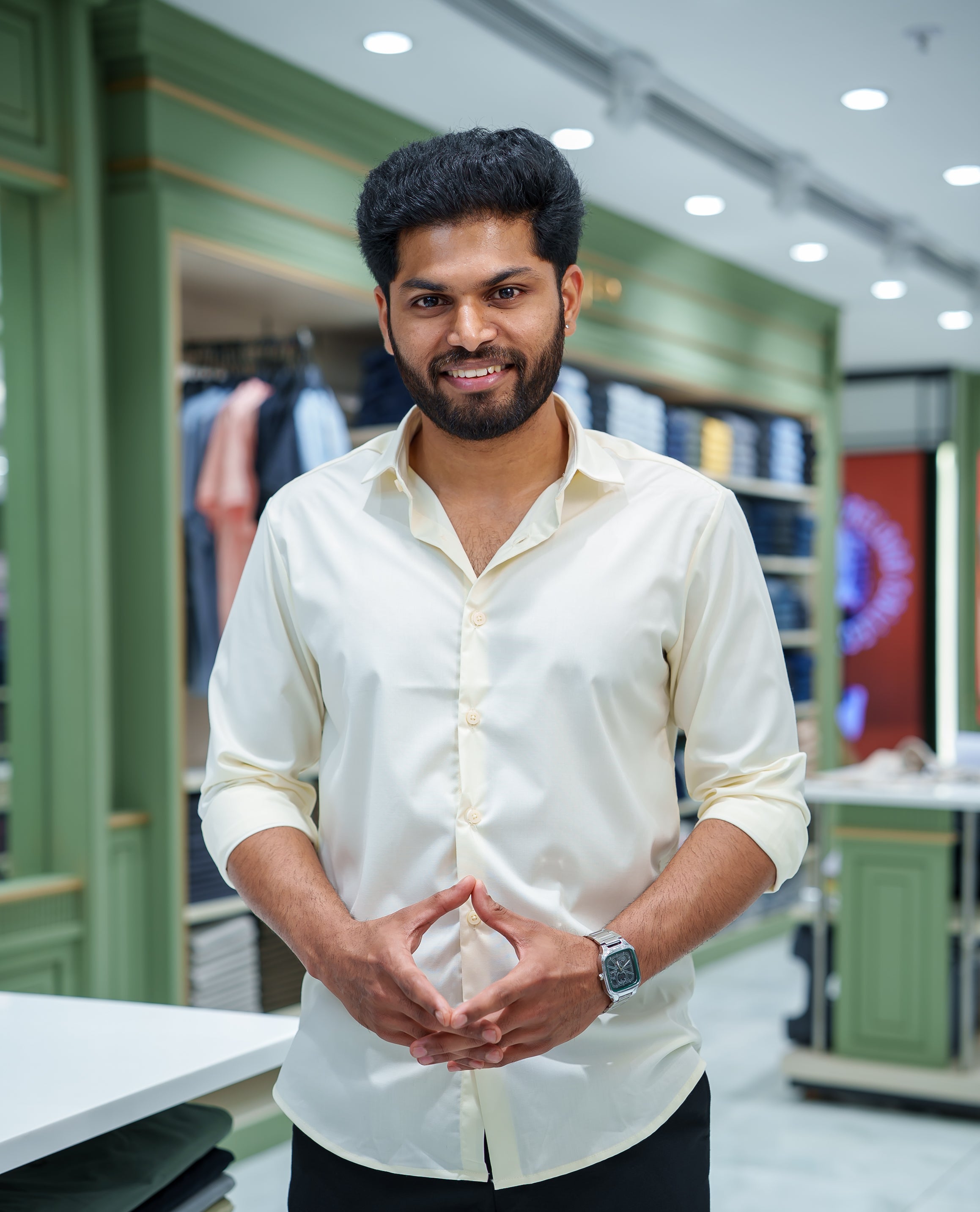 Cream Plain Cotton Blended Casual Liquid Shirt, Featuring a Spread Collar, Full Sleeves, Slim Fit, and Regular Length