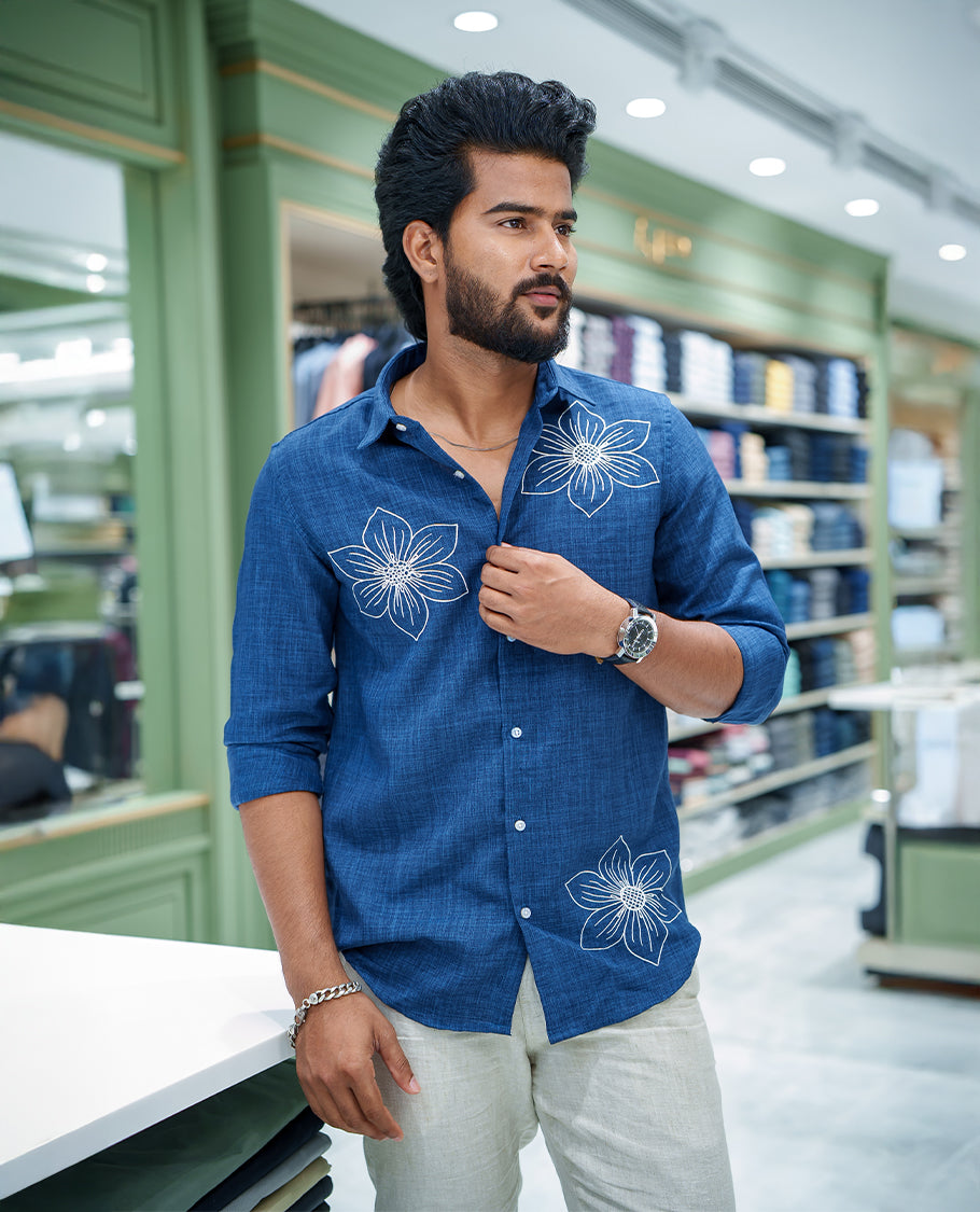 Navy Blue Linen Blended Casual Shirt, Elevated with Heathered Base and Floral Thread Embroidery, Featuring a Spread Collar, Full-Sleeves, Slim Fit, and Regular Length
