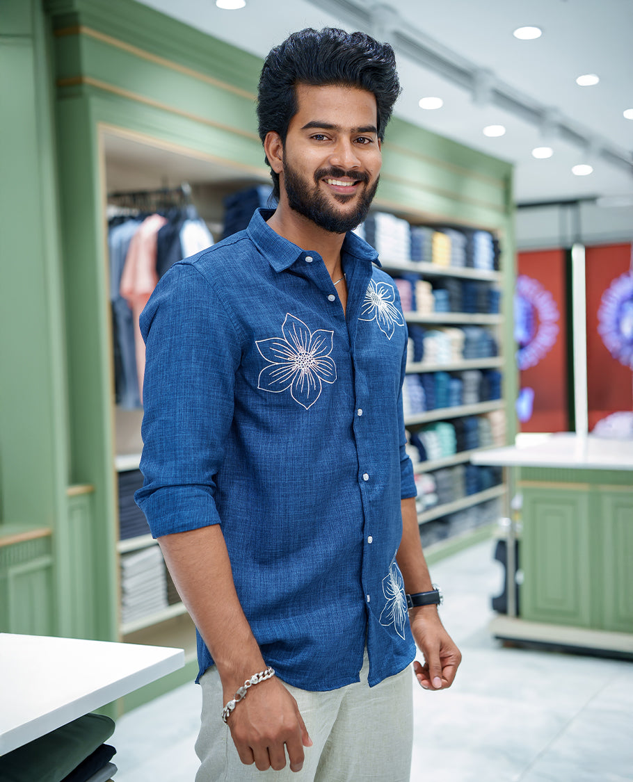 Navy Blue Linen Blended Casual Shirt, Elevated with Heathered Base and Floral Thread Embroidery, Featuring a Spread Collar, Full-Sleeves, Slim Fit, and Regular Length