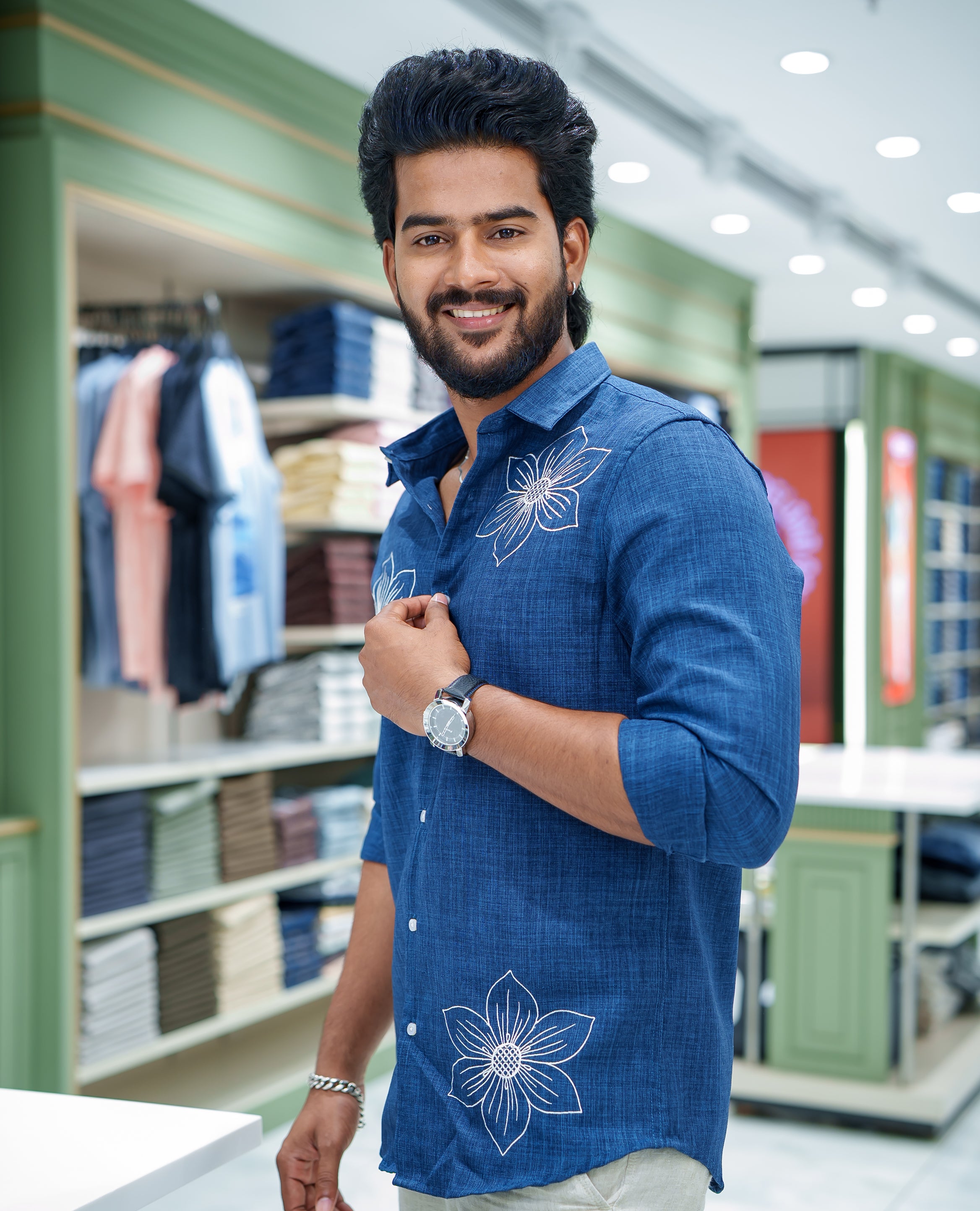Navy Blue Linen Blended Casual Shirt, Elevated with Heathered Base and Floral Thread Embroidery, Featuring a Spread Collar, Full-Sleeves, Slim Fit, and Regular Length