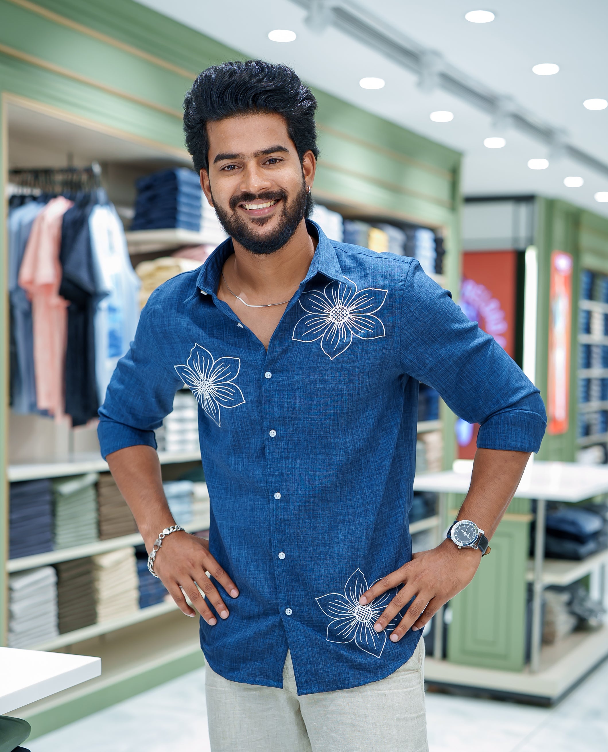 Navy Blue Linen Blended Casual Shirt, Elevated with Heathered Base and Floral Thread Embroidery, Featuring a Spread Collar, Full-Sleeves, Slim Fit, and Regular Length